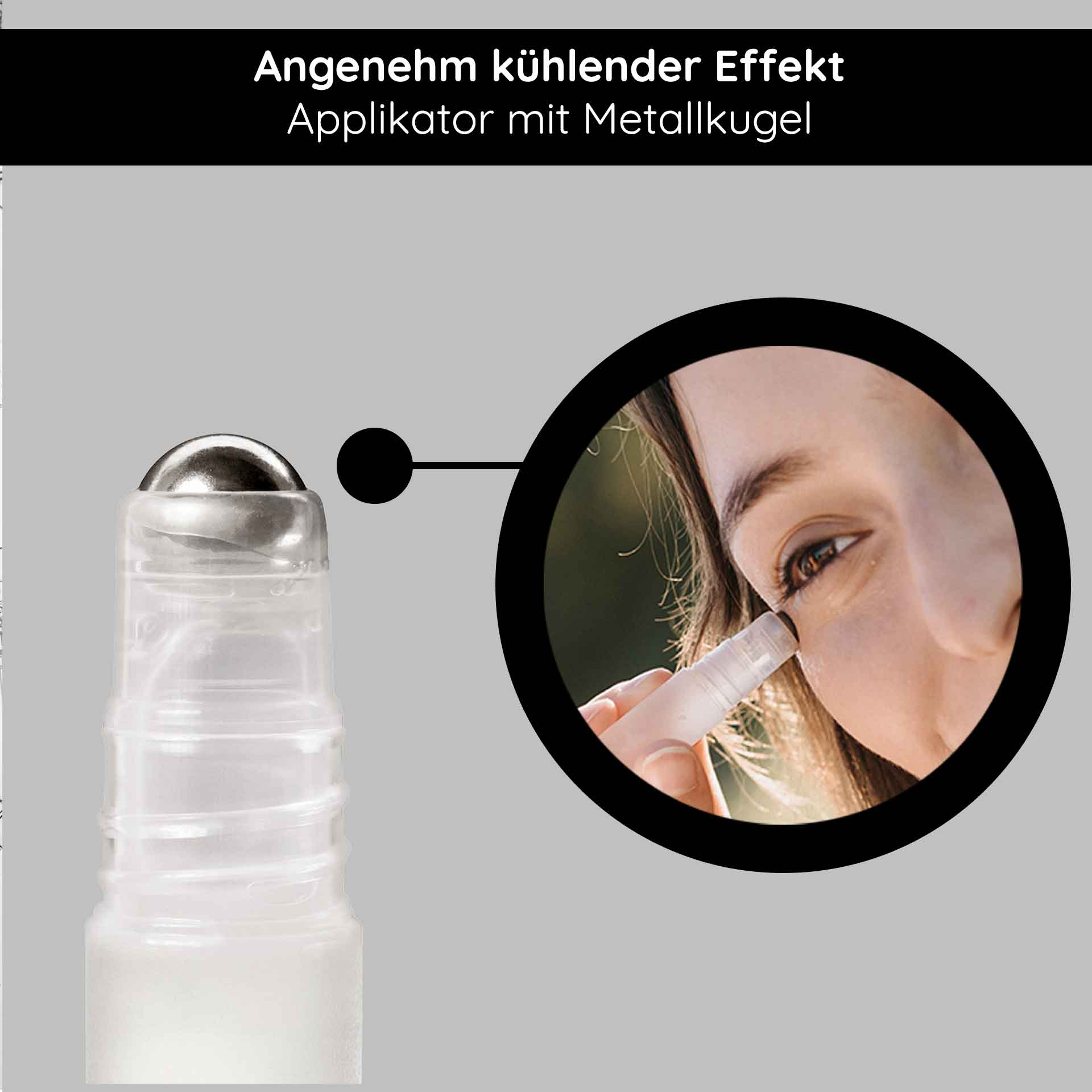 眼部提拉卷纸 10 毫升,让眼部肌肤焕发光彩 Angenehm kühlender Applikator mit Metallkugel für den RAU Eye Lifting Roll On, Anwendung zur Reduzierung von Fältchen, Augenringen und Tränensäcken.