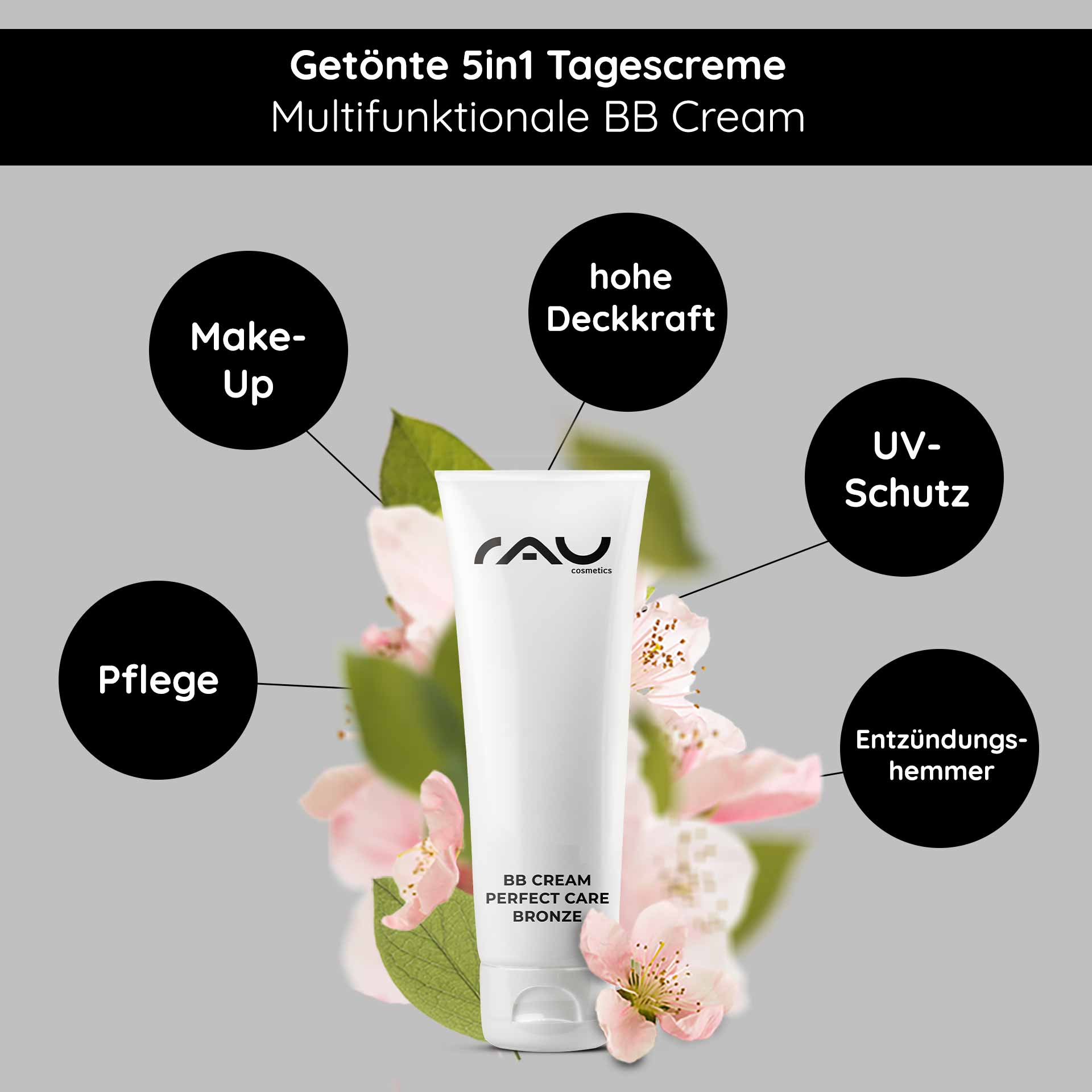 完美护理古铜色 BB 霜 75 毫升 SPF12 彩妆与护理 RAU BB Cream Perfect Care Bronzene Tube, umgeben von Blumen, die multifunktionale Vorteile hervorhebt: hohe Deckkraft, UV-Schutz, Hautpflege und entzündungshemmende Eigenschaften.