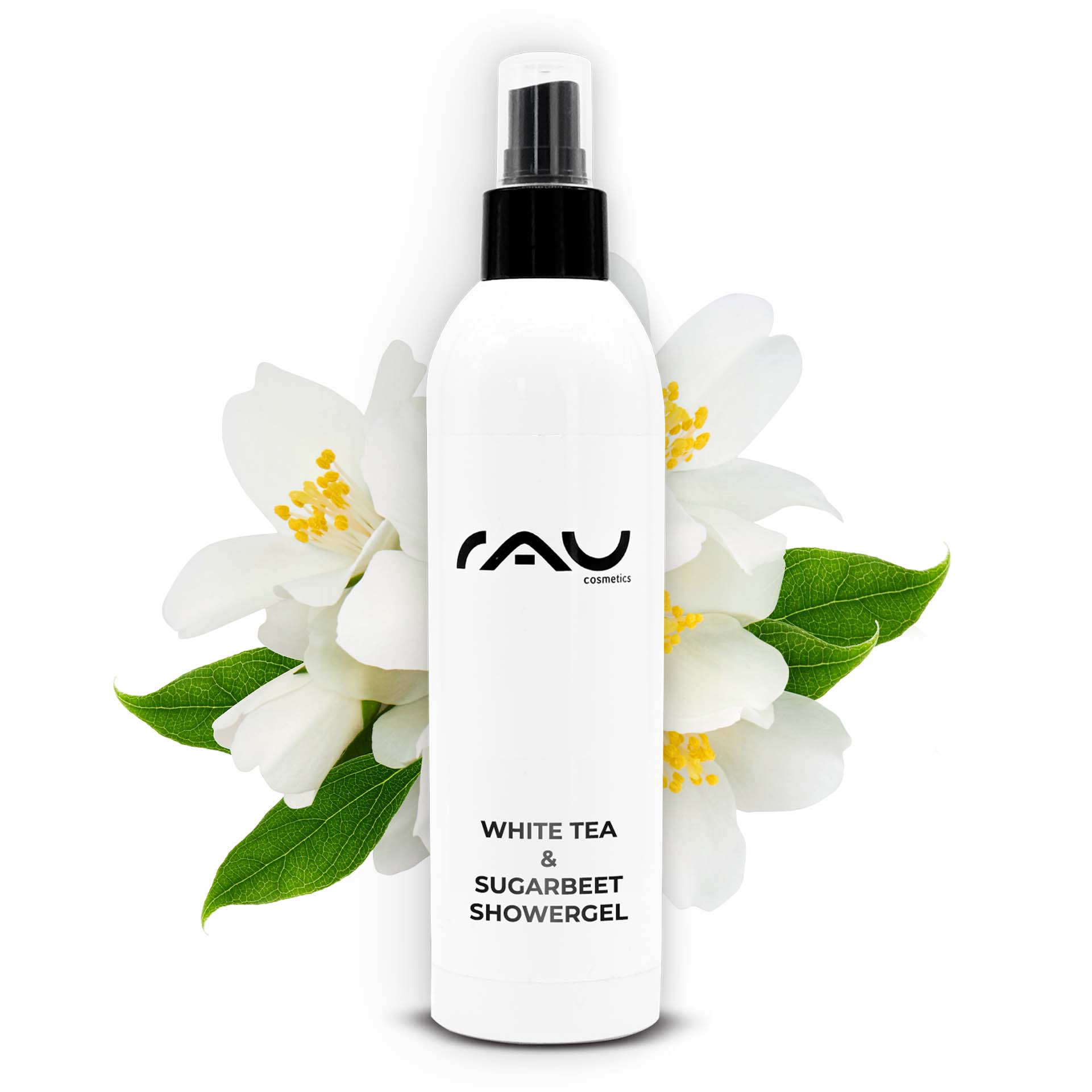 白茶甜菜沐浴露 500 毫升 沐浴露 Duschgelflasche mit weißem Tee und Zuckerrüben und floralem Hintergrund, die eine sanfte Reinigung und Feuchtigkeitsversorgung für alle Hauttypen fördert, von RAU Cosmetics.
