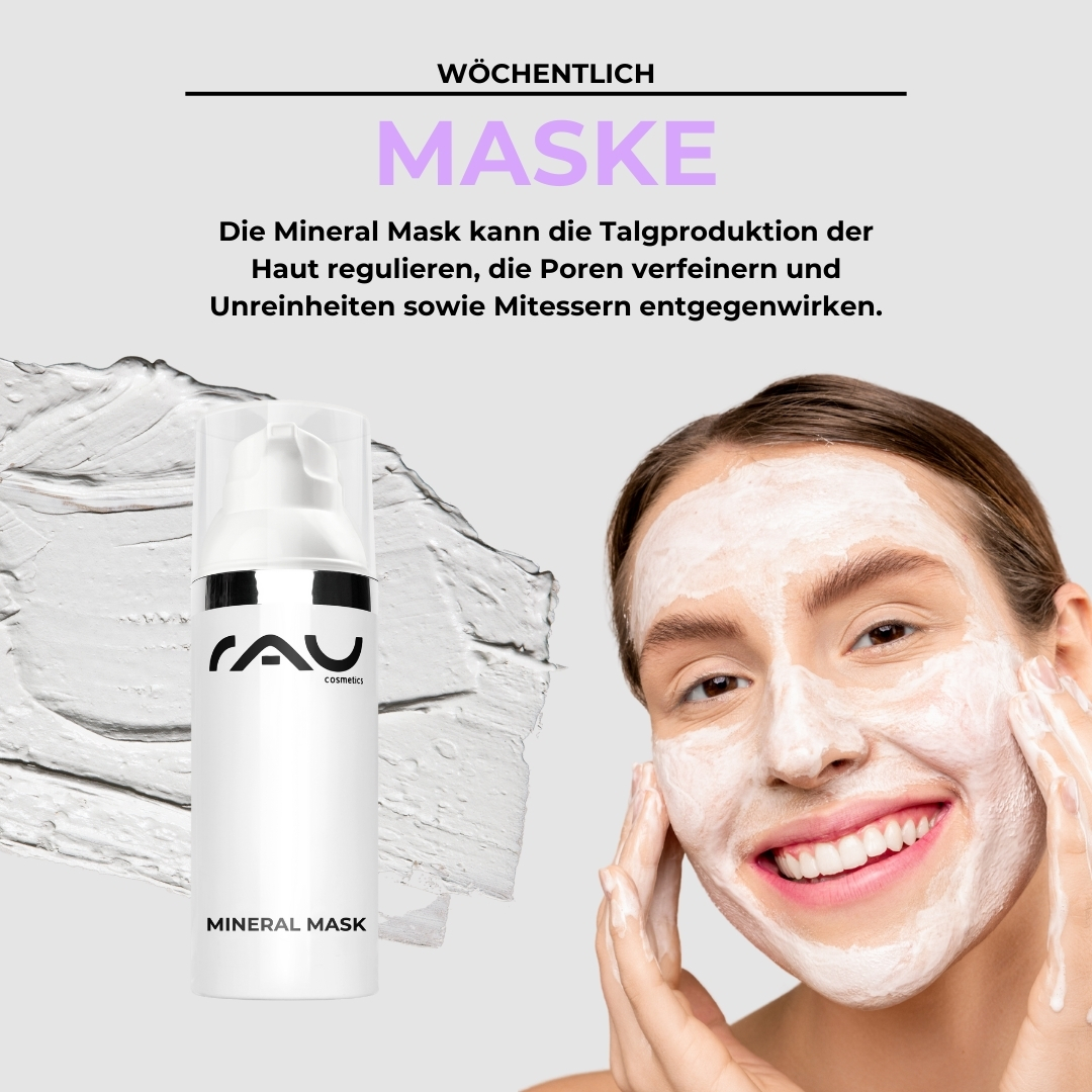 针对不洁干性皮肤的专业护理程序 Mineralmaske von RAU Cosmetics auf dem Gesicht einer lächelnden Frau aufgetragen, zeigt Hautpflege zur Regulierung der Ölproduktion und Reduzierung von Unreinheiten.