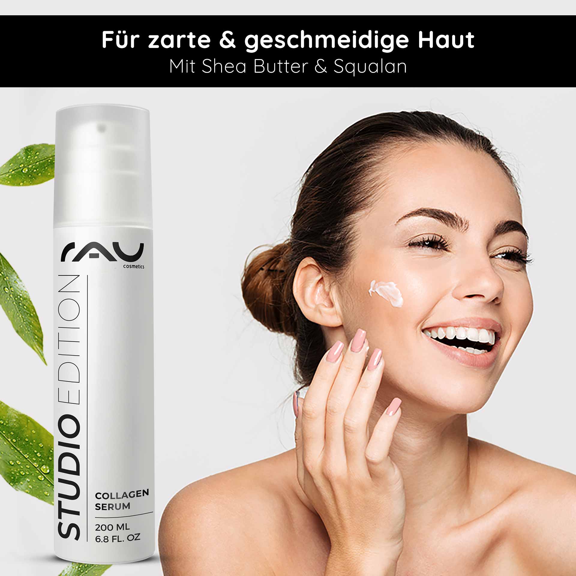 鱼子酱 24 小时面霜 200 毫升 含鱼子酱精华的护肤品 Flasche RAU Cosmetics Collagen Serum mit Sheabutter und Squalan, Frau trägt Creme auf ihr Gesicht auf, fördert weiche und glatte Haut, Vorteile für die Hautpflege.