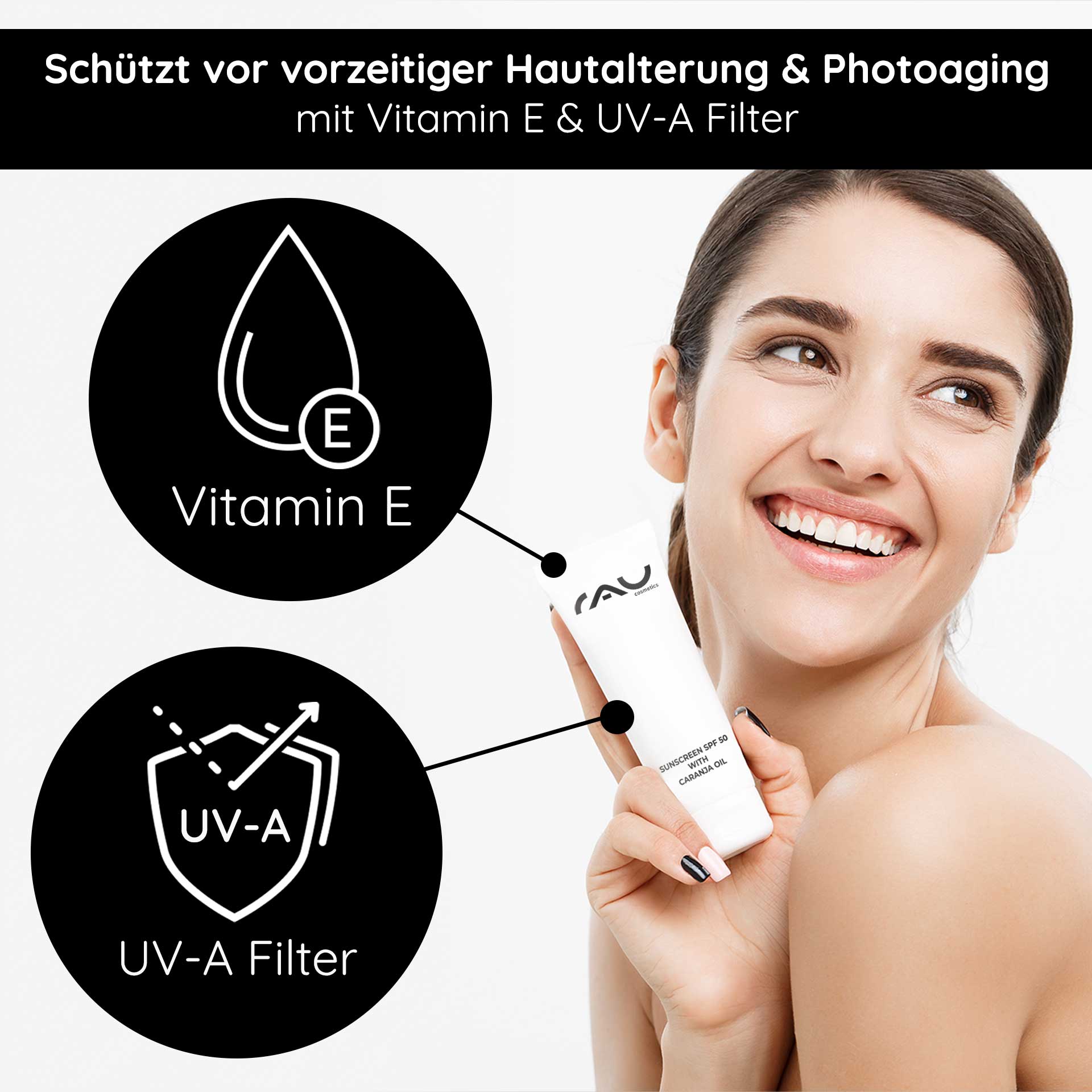 含有机卡兰婕油的防晒霜 SPF 50 75 毫升 - 防晒霜 Sonnenschutzprodukt mit Lichtschutzfaktor 50, Vitamin E und UV-A-Filter, gehalten von einer lächelnden Frau, die die Vorteile der Anti-Aging-Hautpflege demonstriert.