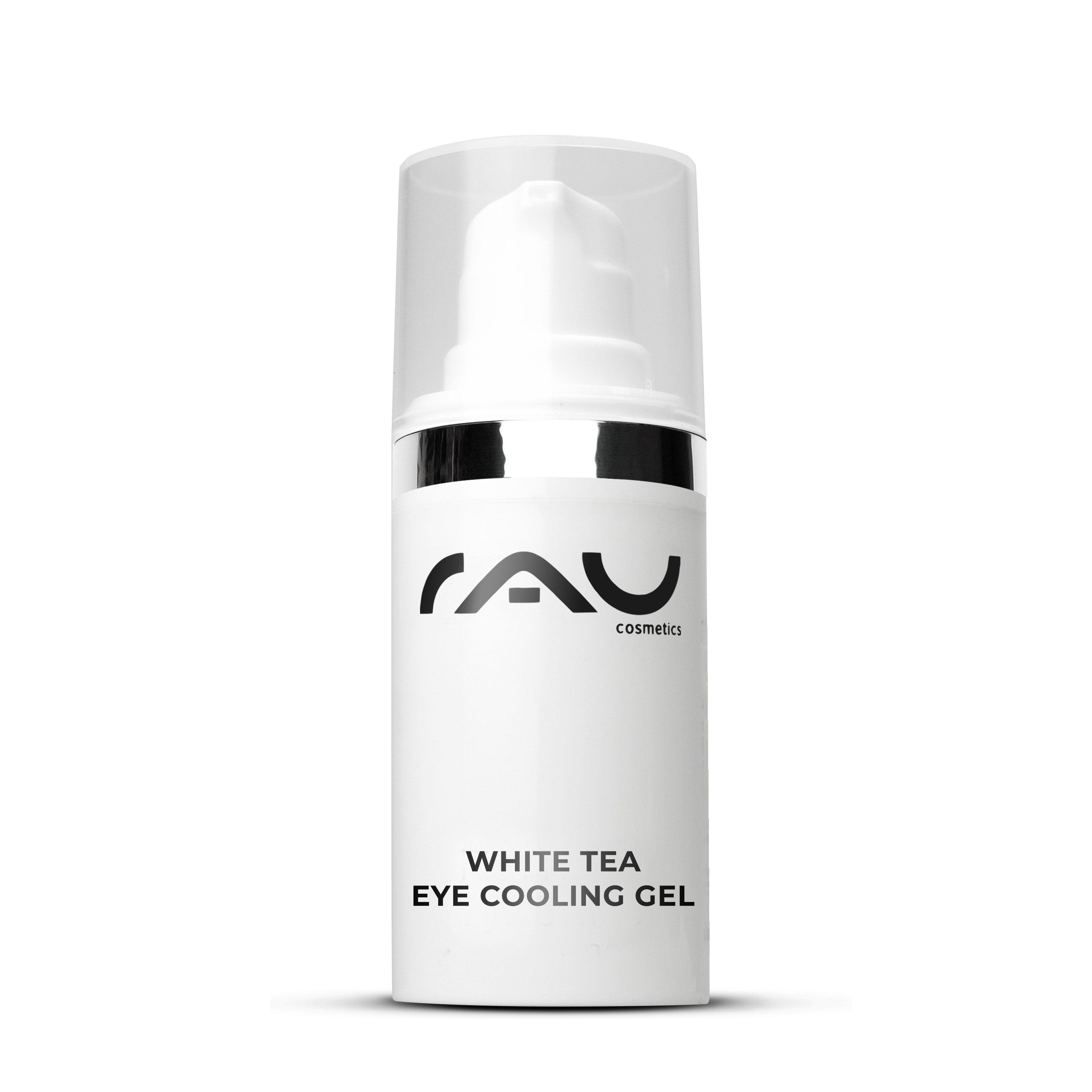白茶眼部清凉啫喱 30 毫升 抗衰老眼部护理产品 RAU Cosmetics White Tea Eye Cooling Gel 15 ml, Anti-Aging-Augencreme zur Reduzierung von Augenringen und Schwellungen, in einer eleganten weißen Flasche mit Pumpspender.