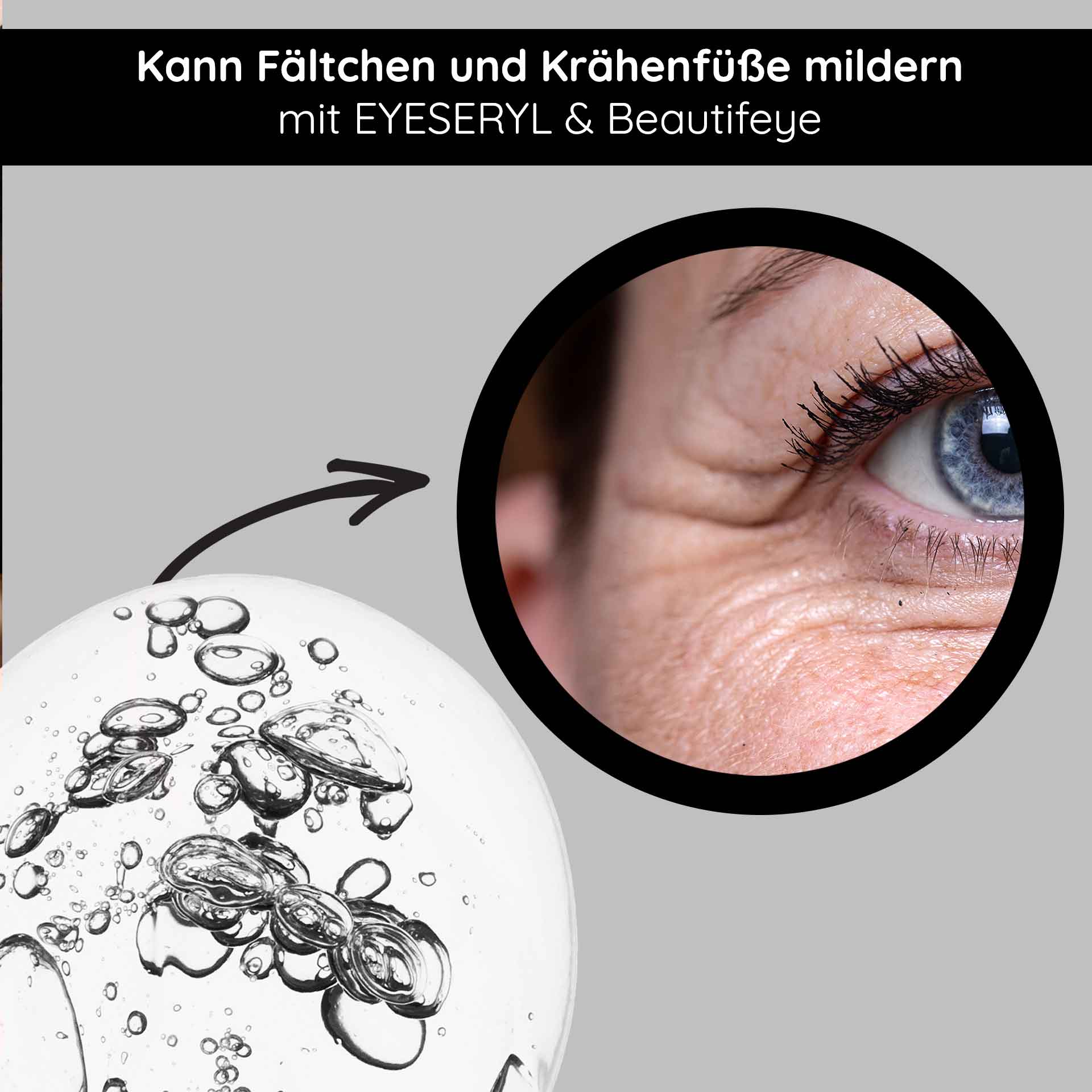 眼部提拉卷纸 10 毫升,让眼部肌肤焕发光彩 Augenpflegeprodukt mit EYESERYL und Beautifeye zur Milderung von Fältchen und Krähenfüßen, zeigt Hautpartie mit feinen Linien und Augenbereich.