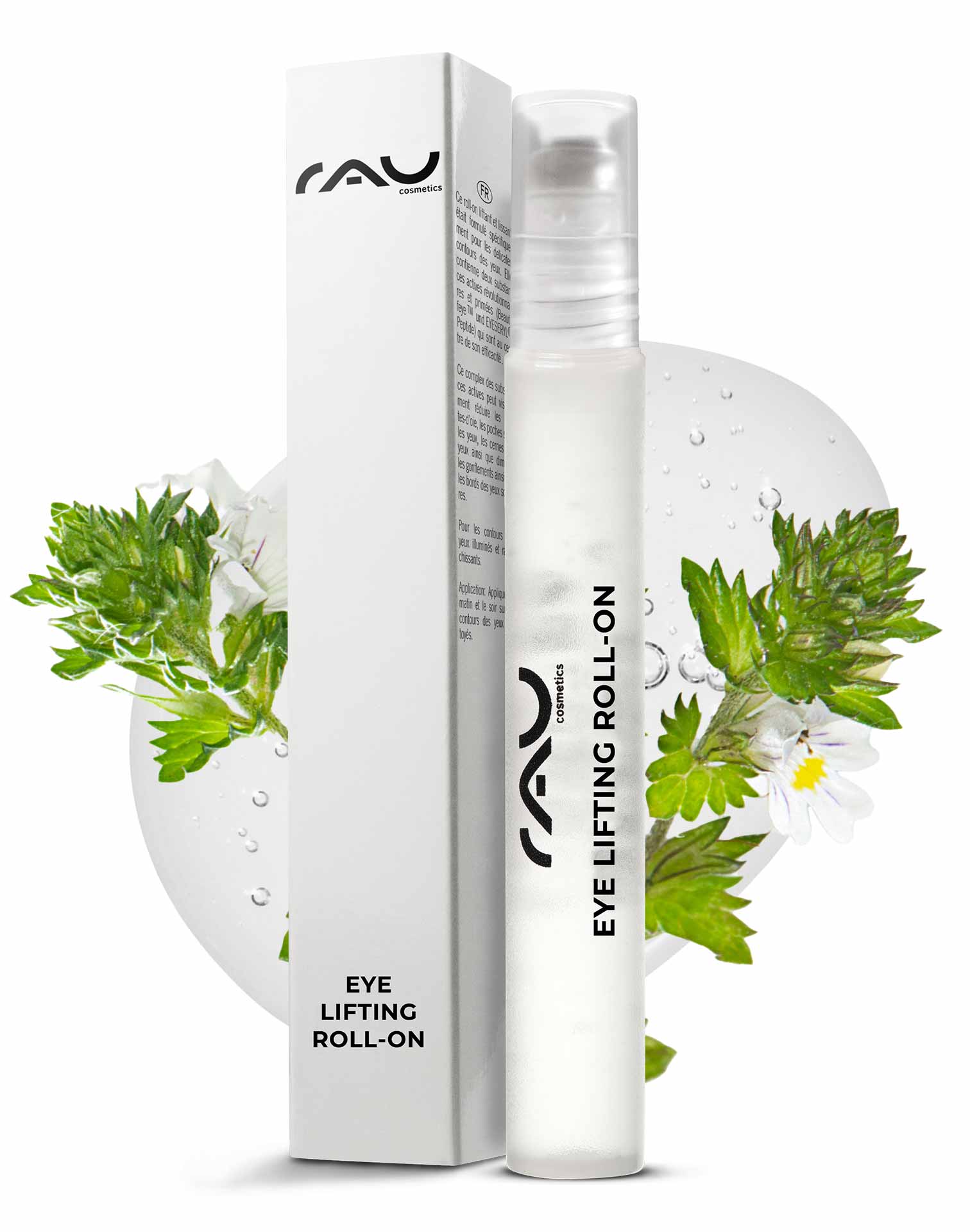 眼部提拉卷纸 10 毫升,让眼部肌肤焕发光彩 RAU Eye Lifting Roll-On-Verpackung mit Produktetikett, mit elegantem Design und pflanzlichen Elementen, die die Anti-Aging-Vorteile für die Augenpartie hervorheben.