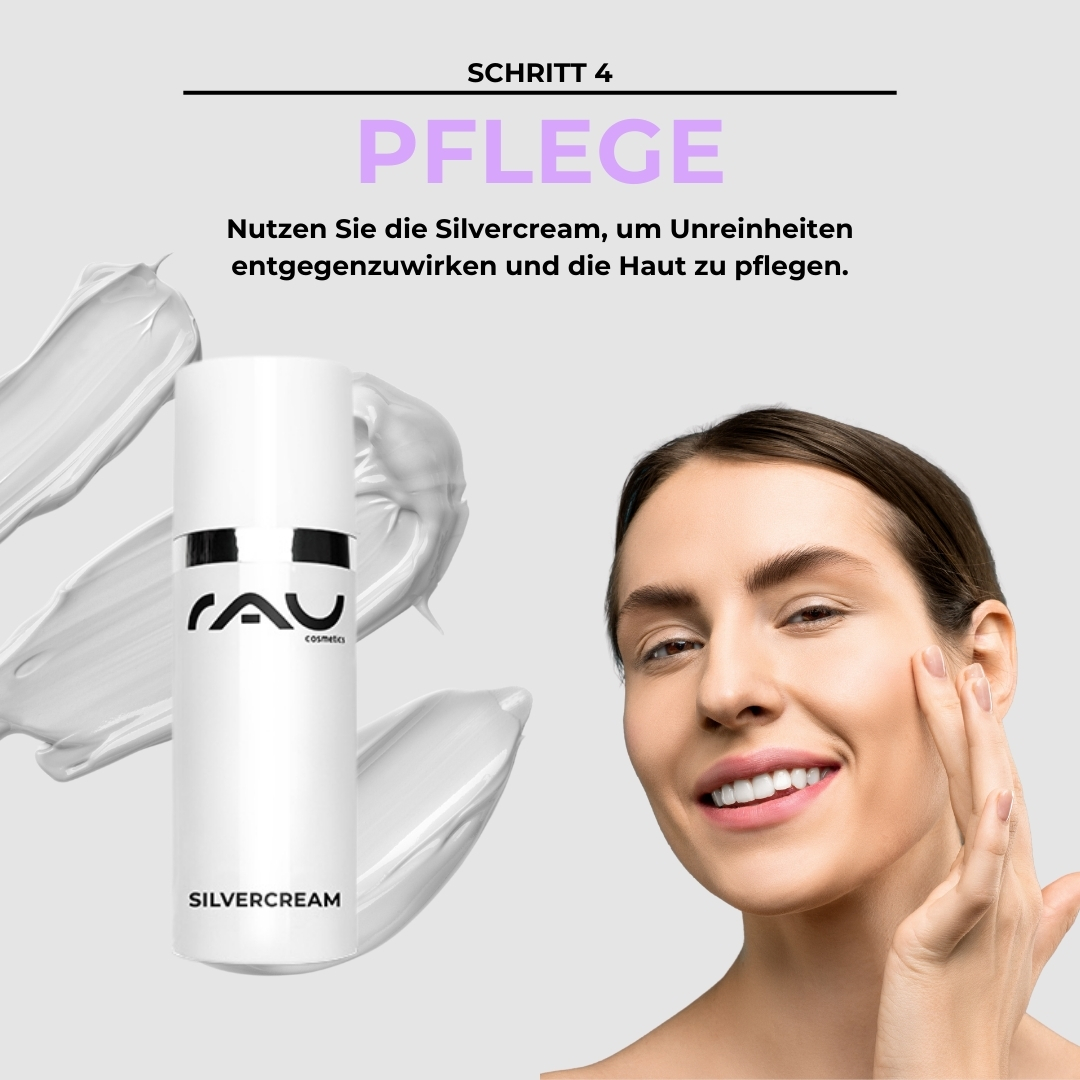 针对不洁干性皮肤的专业护理程序 Pflegeprodukt für unreine Haut, RAU Silvercream mit Anwendungshinweis, lächelnde Frau, die die Creme aufträgt.