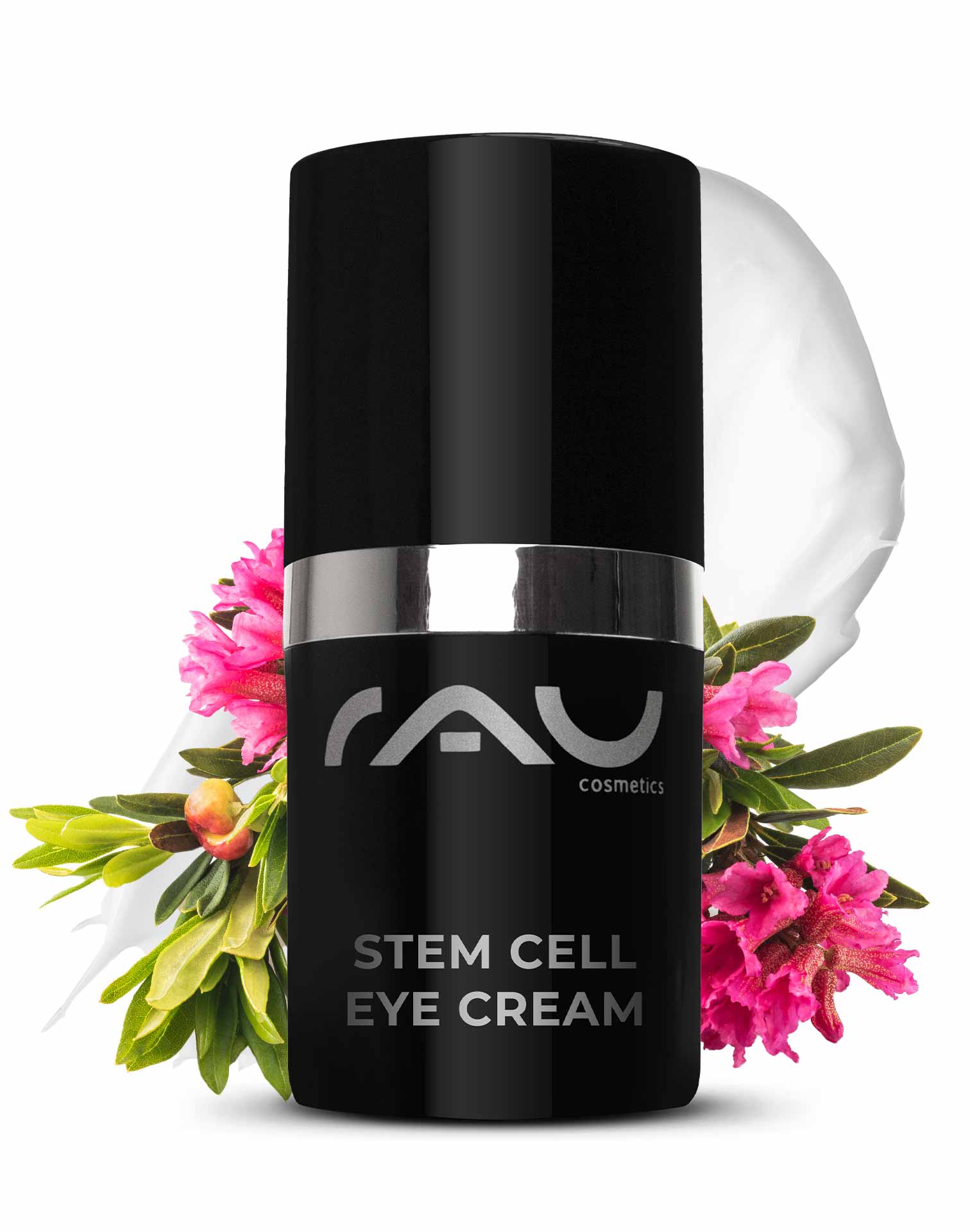 干细胞眼霜 15 毫升 抗衰老眼霜 RAU Stem Cell Eye Cream in eleganter schwarzer Verpackung mit silbernen Akzenten, umgeben von rosa Blumen, die die Anti-Aging-Vorteile für die empfindliche Haut um die Augen betonen.