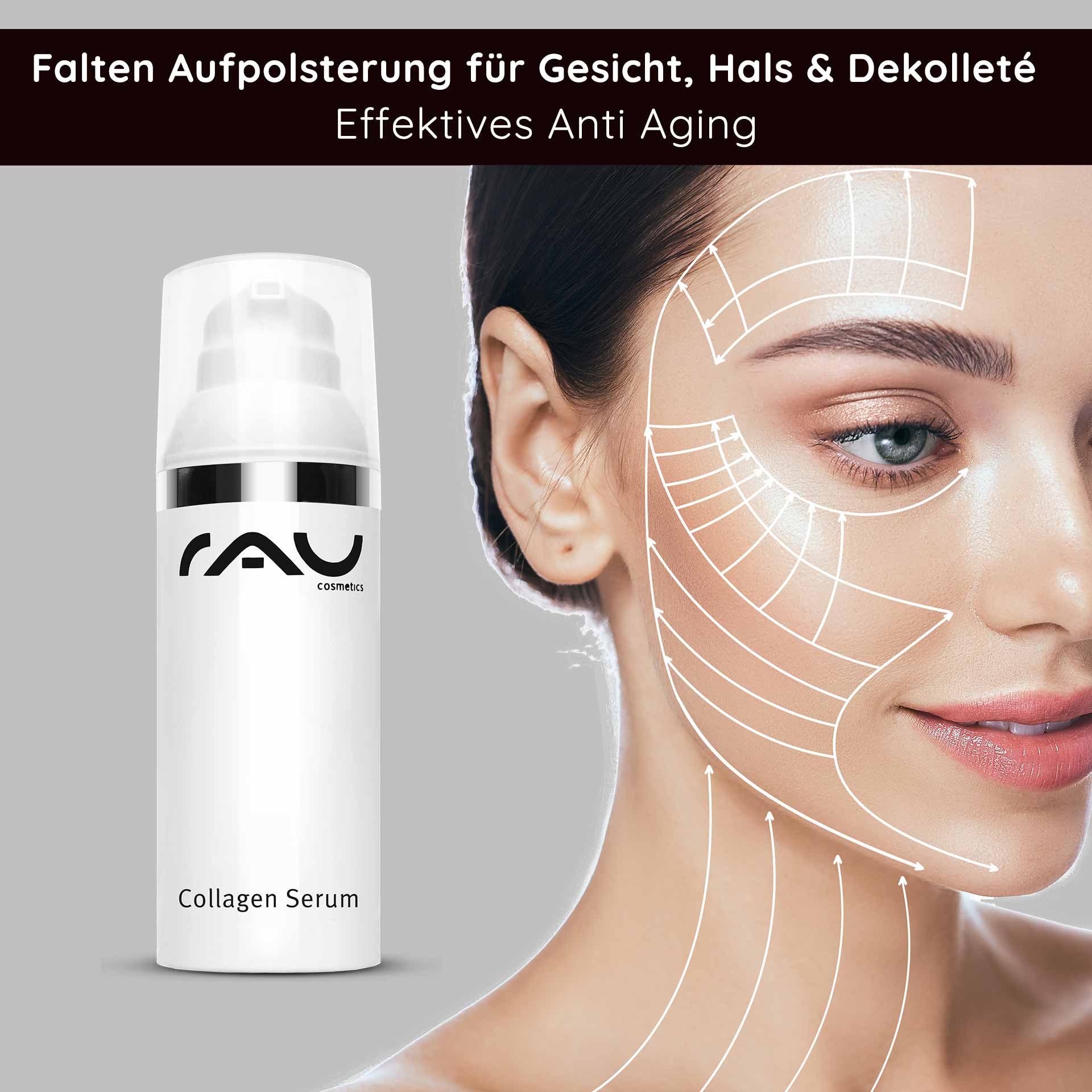胶原蛋白精华液 50 毫升 含有 Trylagen 的抗衰老护理产品 Collagen Serum von RAU Cosmetics mit Faltenaufpolsterung für Gesicht, Hals und Dekolleté, Anti-Aging Wirkung, Anwendungshinweise und Hautpflegegrafik.