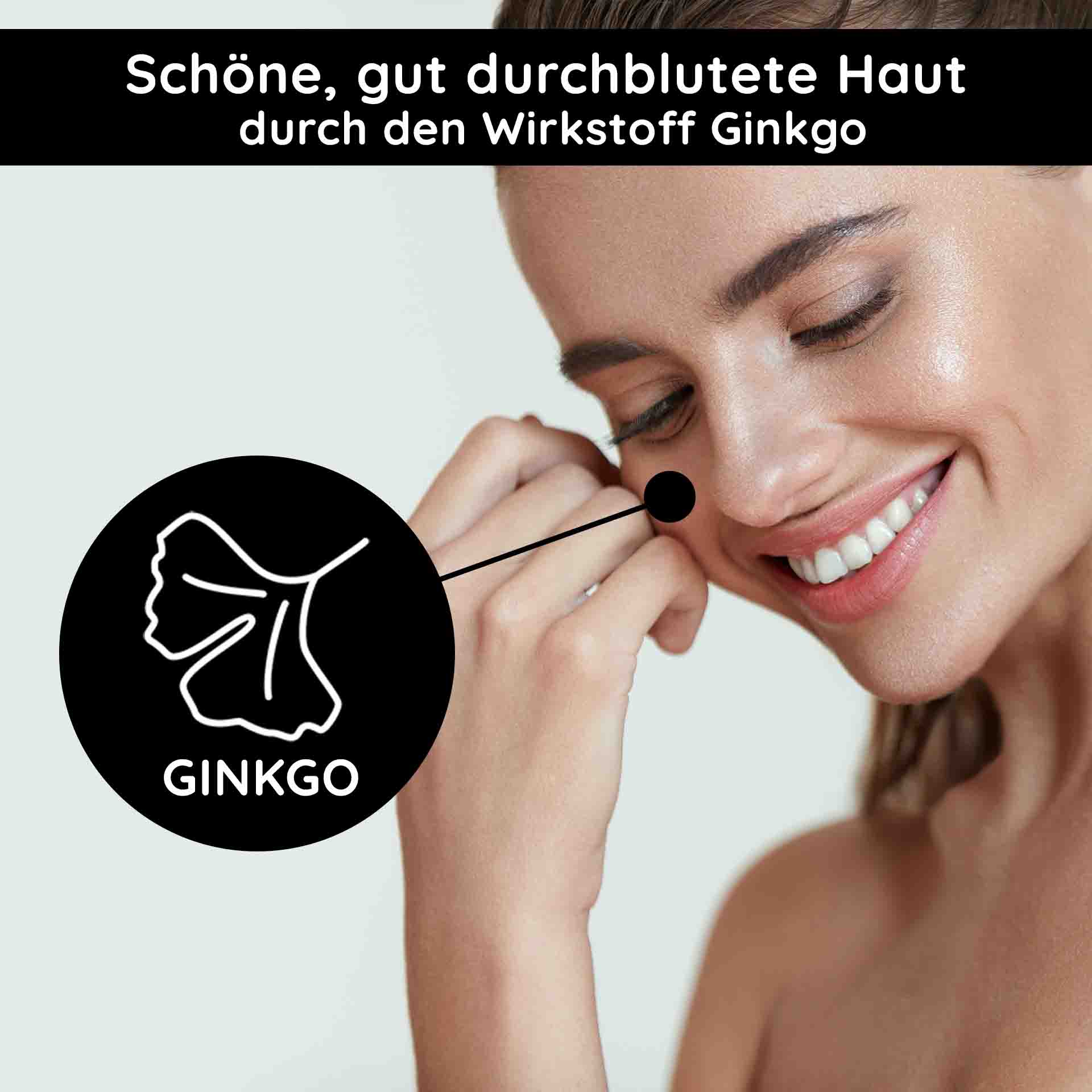 O2 Moist Fluid 50 毫升日霜,改善暗沉肤色 Frau mit strahlendem Teint, die Ginkgo-Extrakt auf die Haut aufträgt, betont durch Text "Schöne, gut durchblutete Haut durch den Wirkstoff Ginkgo".