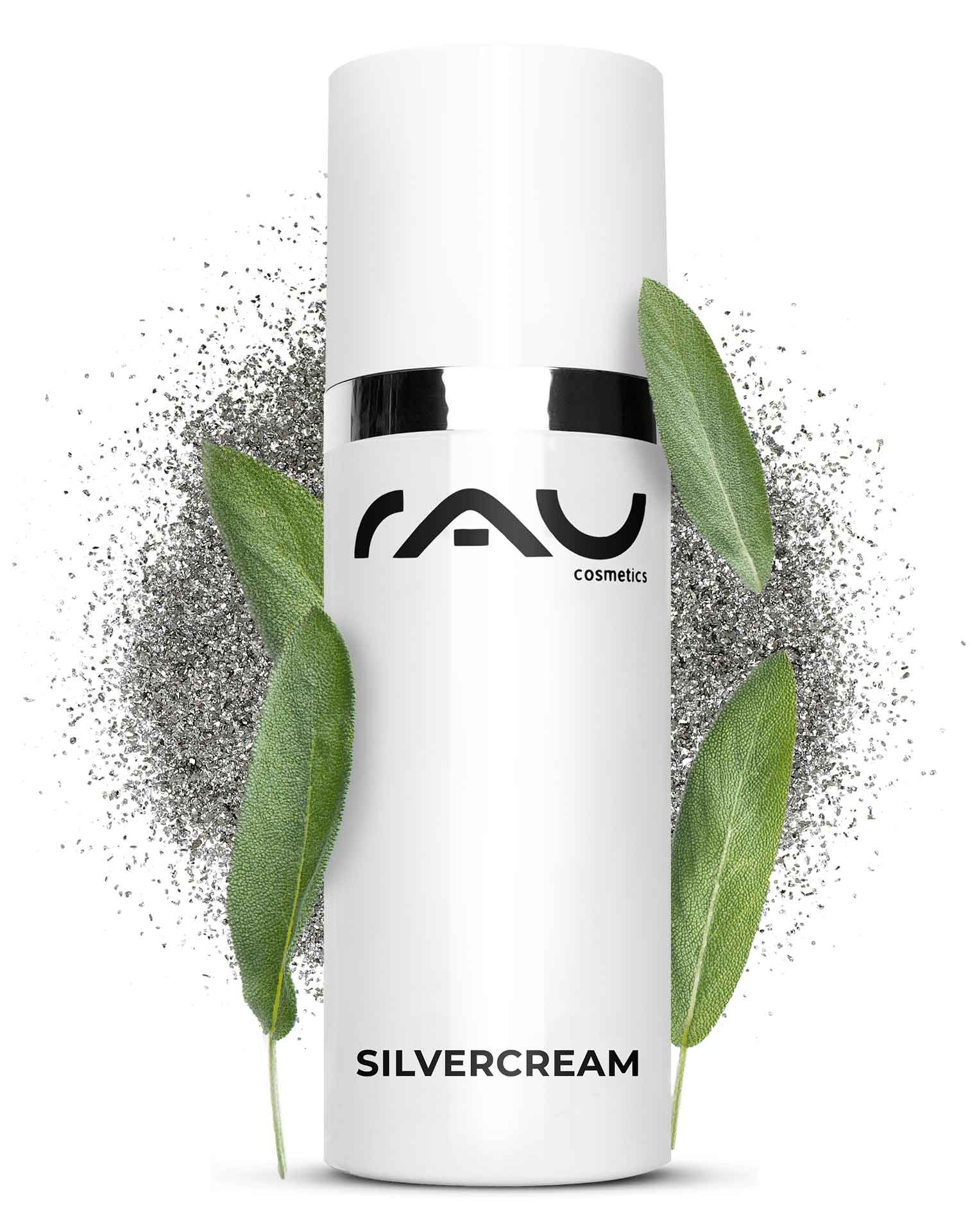 RAU含银面霜50毫升 - 针对瑕疵肌肤的专用面霜,含微银和鼠尾草 RAU Silvercream-Verpackung mit Logo, Silberpartikeln und grünen Blättern, entwickelt für zu Akne neigende und empfindliche Haut, wobei die beruhigenden und entzündungshemmenden Eigenschaften hervorgehoben werden.