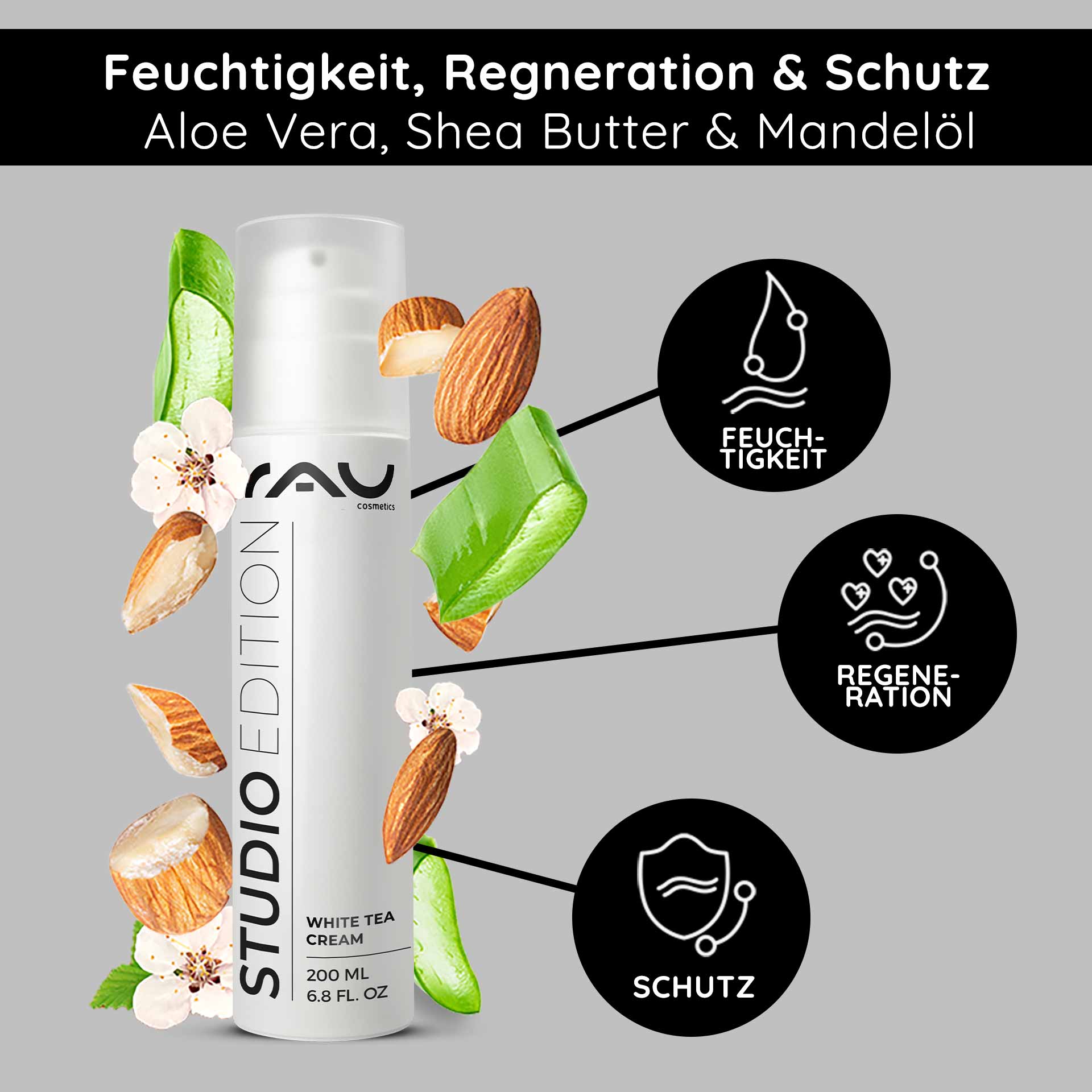 白茶面霜 200 毫升 含白茶的抗衰老面霜 RAU Cosmetics White Tea Cream 200 ml, mit Aloe Vera, Sheabutter und Mandelöl, mit Schwerpunkt auf Feuchtigkeit, Regeneration und Schutz für alle Hauttypen.