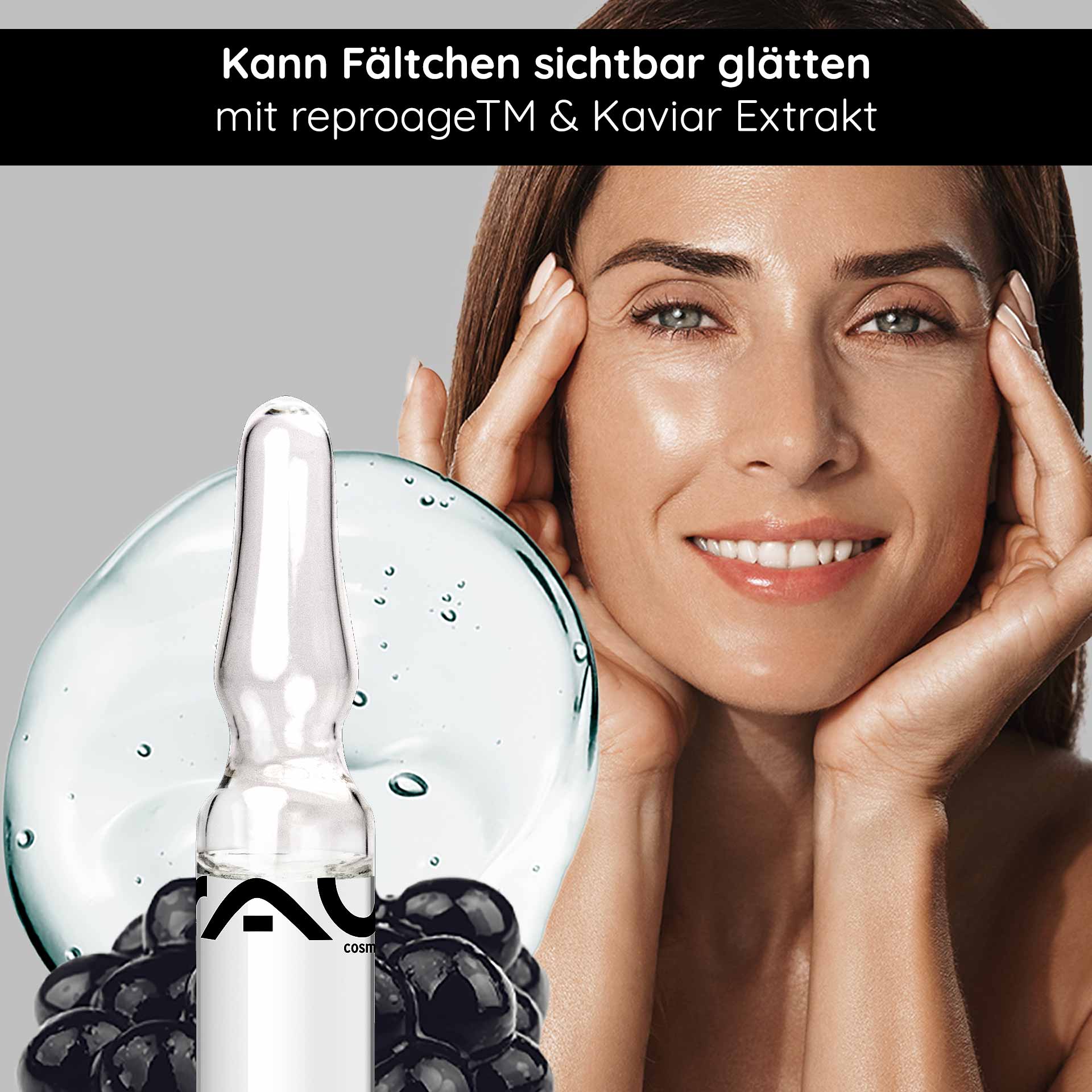 鱼子精华提拉安瓶 10x2 毫升 抗衰老与修复 Frau mit strahlendem Gesicht und Händen an den Wangen, präsentiert RAU Caviar Lifting Ampullen, um Fältchen zu glätten, mit Kaviarextrakt und reproage™ Wirkstoffkomplex.