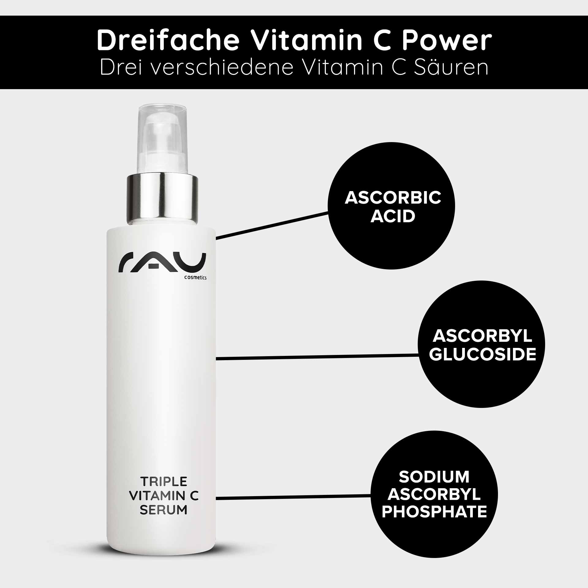 三重维生素 C 血清 100 毫升,含 11% 维生素 C 酸 Flasche mit RAU Cosmetics Triple Vitamin C Serum, beschriftet mit drei verschiedenen Vitamin C Säuren: Ascorbinsäure, Ascorbylglucosid und Natriumascorbylphosphat.