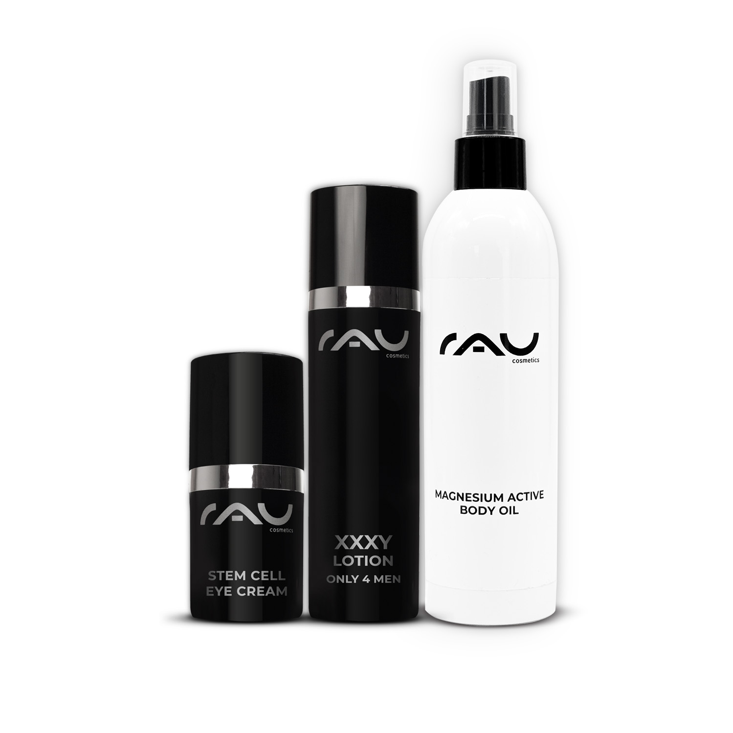 Men XXXY Bundle 1 - Magnesium Active Bodyoil & XXXY Lotion & Stem Cell Eye Cream Magnesium Active Body Oil, XXXY Lotion und Stem Cell Eye Cream von RAU Cosmetics präsentieren die wichtigsten Hautpflegeprodukte für Männer zur Regeneration, Feuchtigkeitsversorgung und Anti-Aging.