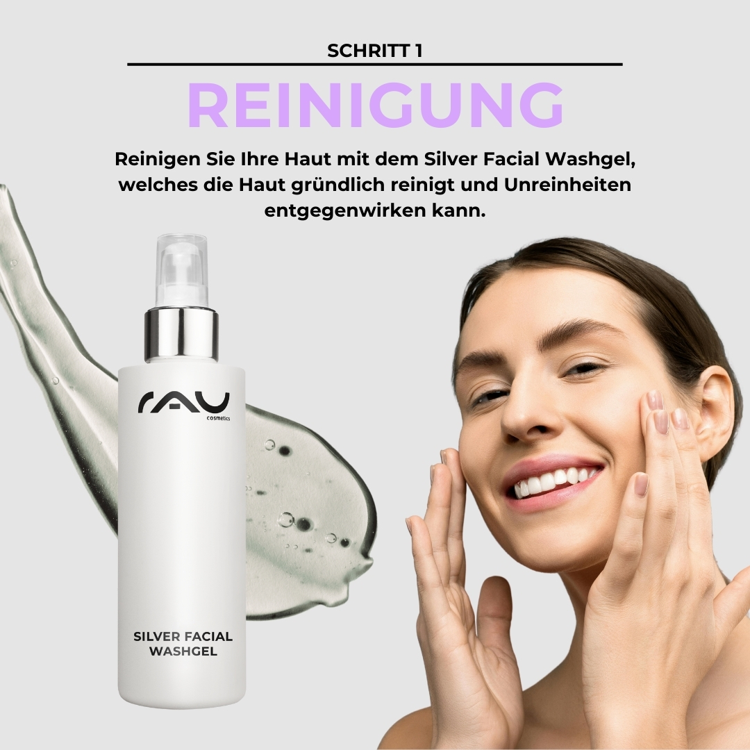 针对不洁干性皮肤的专业护理程序 Frau mit fröhlichem Gesicht reinigt ihre Haut mit RAU Cosmetics Silver Facial Washgel, um trockene und unreine Haut zu behandeln.