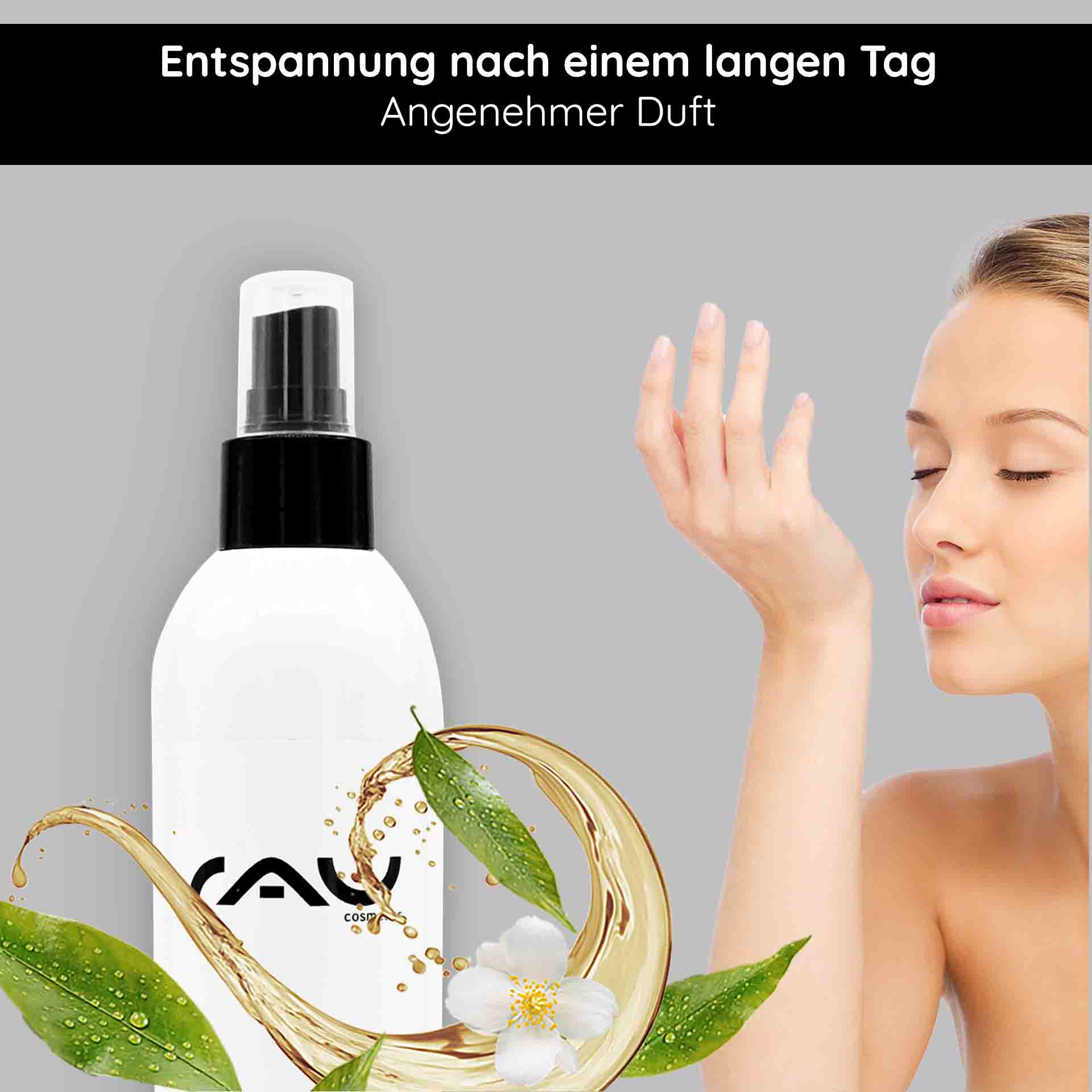 白茶咖啡因洗发水 250 Flasche White Tea & Caffeine Shampoo mit erfrischendem Zitronenduft, abgebildet ist eine Frau, die den Duft genießt und die belebende Wirkung der Haarpflege von RAU Cosmetics hervorhebt.