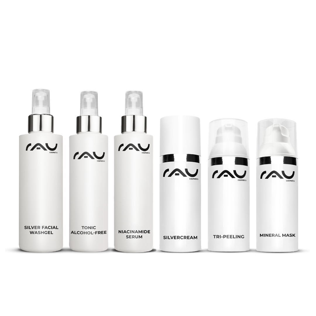 针对不洁干性皮肤的专业护理程序 Profi Pflegeroutine für unreine trockene Haut mit RAU Cosmetics Produkten: Silber Waschgel, alkoholfreies Tonic, Niacinamid Serum, Silbercreme, Tri-Peeling und Mineralmaske.