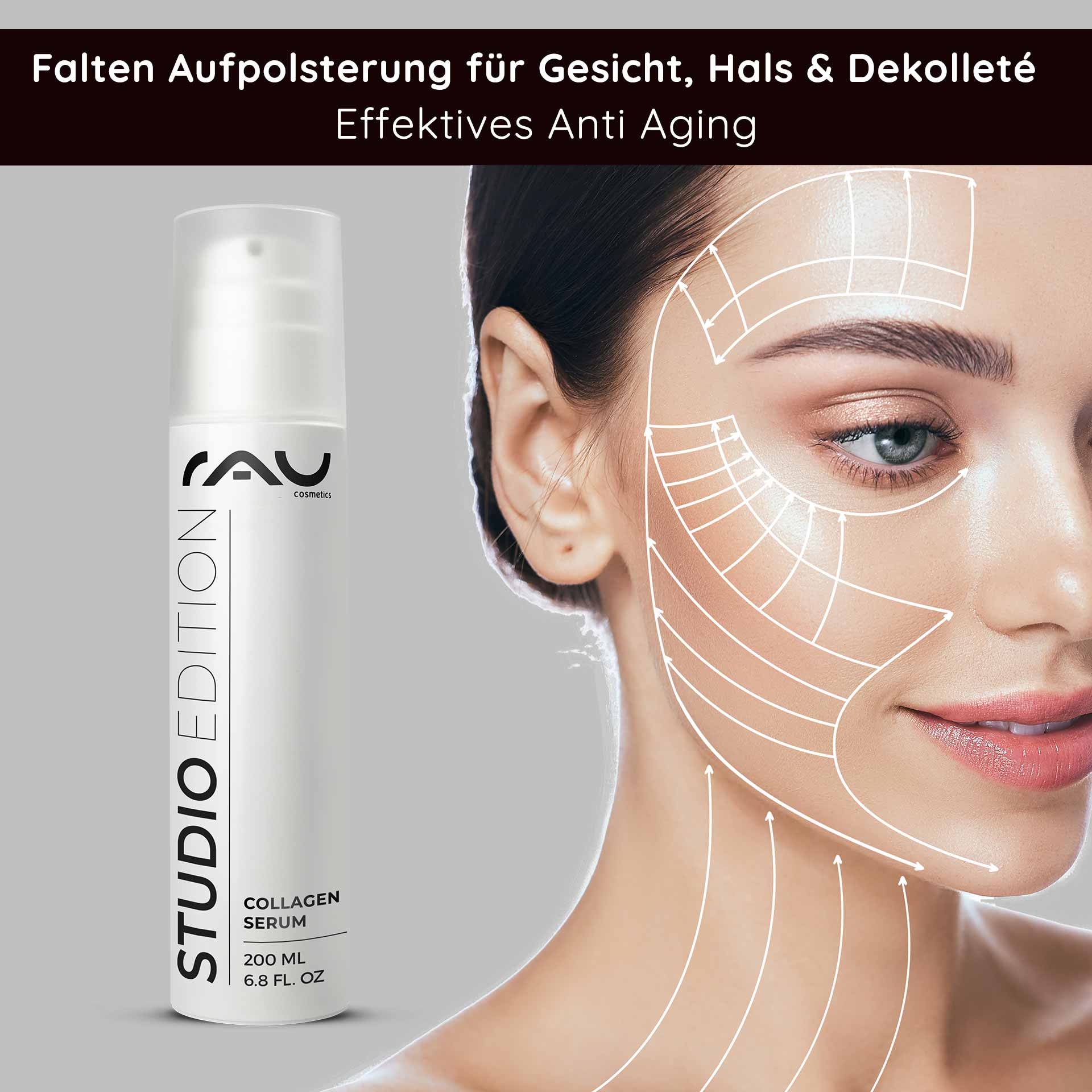 胶原蛋白精华液 200 毫升 含有 Trylagen 的抗衰老护理产品 Flasche RAU Collagen Serum mit Anti-Aging-Wirkung, mit dem Gesicht eines Models und Anwendungsanweisungen zur Hautverjüngung und Faltenreduzierung.