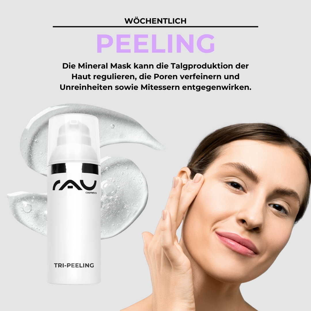 针对不洁干性皮肤的专业护理程序 Peeling Produkt von RAU Cosmetics, Frau mit glattem Teint und feuchtigkeitsspendender Textur, Anwendung zur Verbesserung unreiner trockener Haut.
