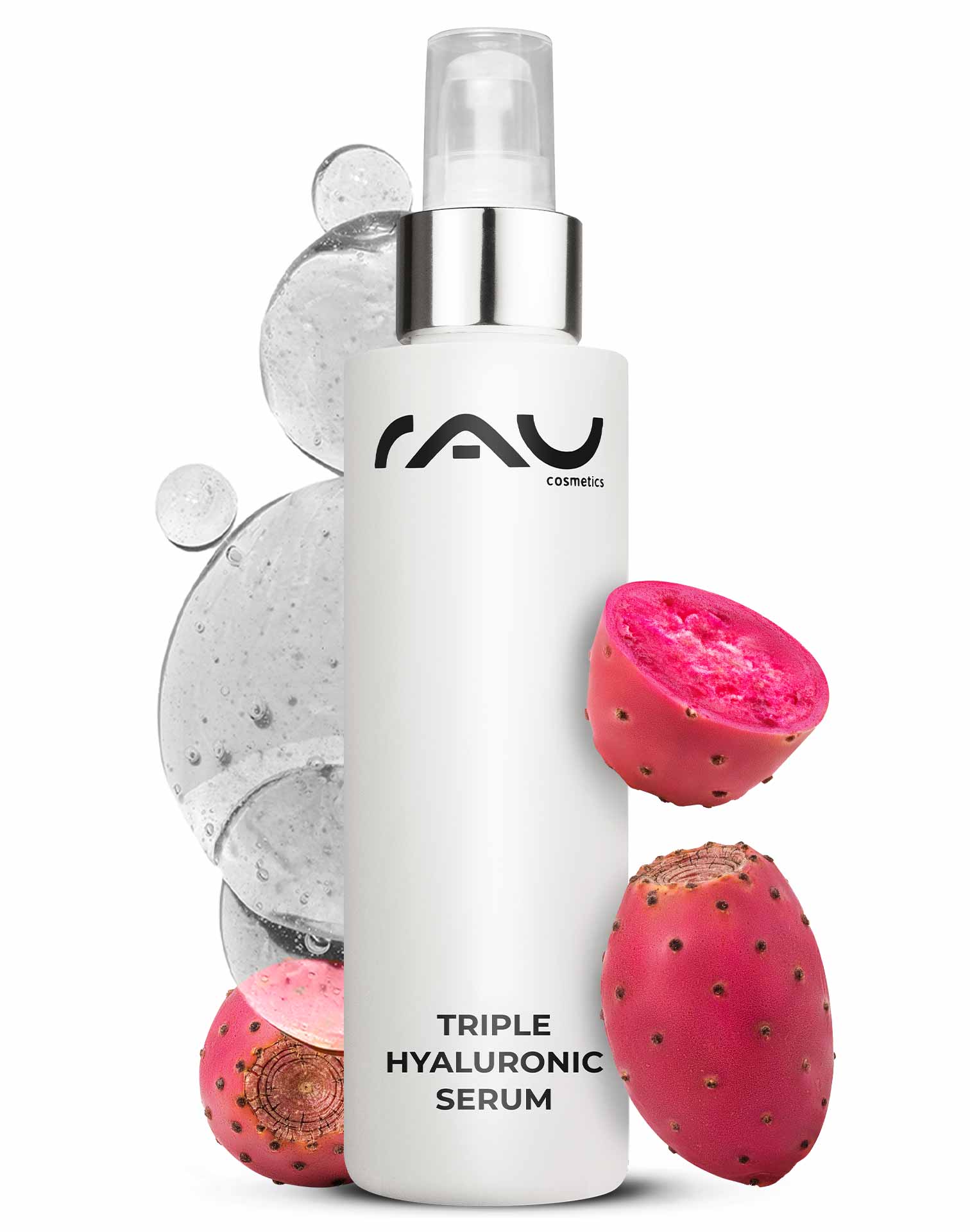 三重透明质酸精华素 100 毫升,含泛醇和透明质酸 Flasche des Triple Hyaluronic Serum von RAU Cosmetics mit rosa Feigenkaktusfrüchten und Wassertropfen, die die Feuchtigkeitsversorgung und Anti-Aging-Vorteile für die Hautpflege fördern.
