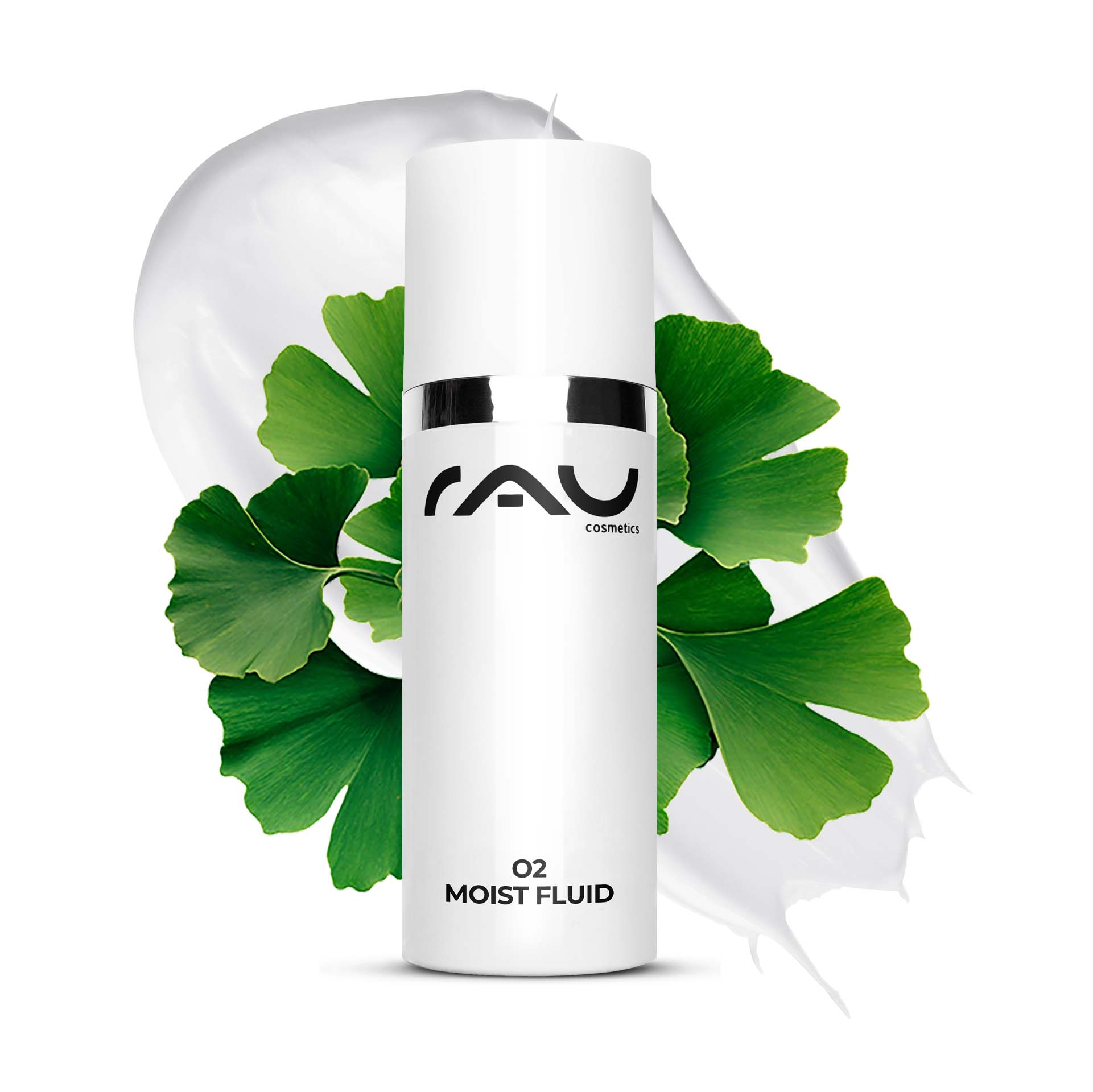 O2 Moist Fluid 50 毫升日霜,改善暗沉肤色 Flasche RAU O2 Moist Fluid mit Ginkgoblättern und cremefarbenem Hintergrund, die die Vorteile der Feuchtigkeitsversorgung und Hautverjüngung für trockene und reife Haut hervorhebt.