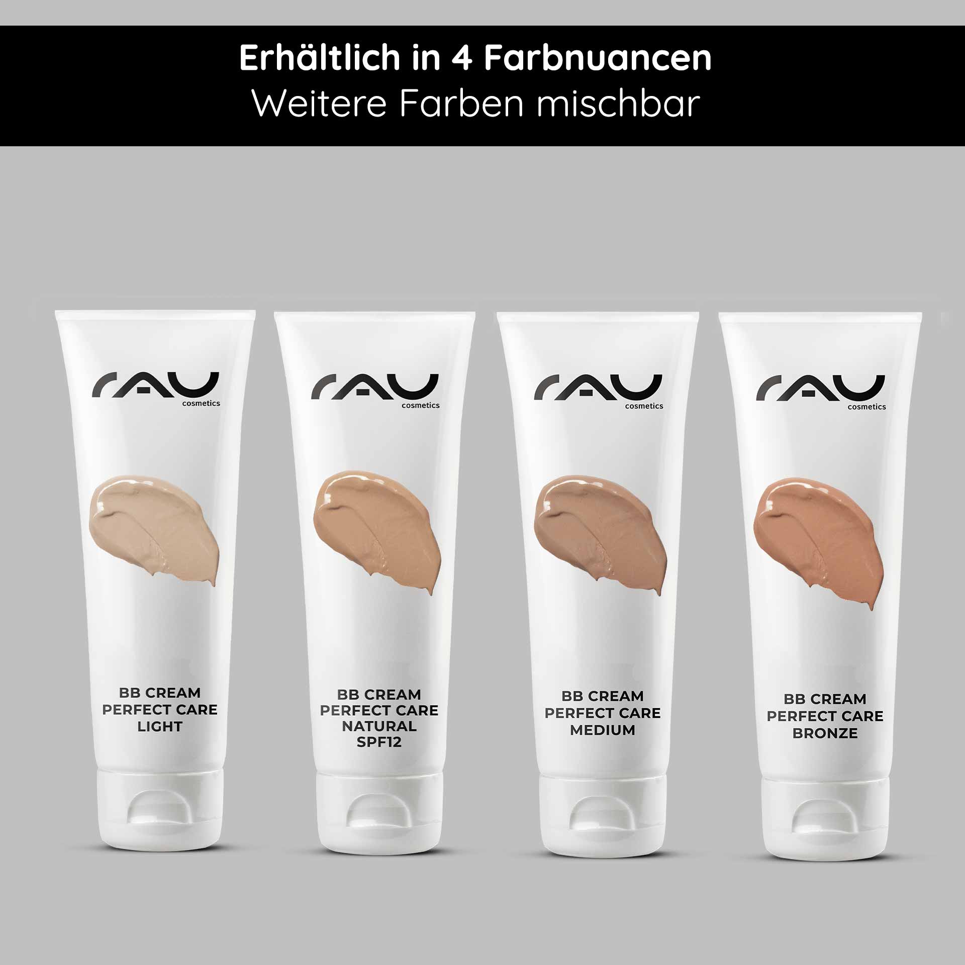 天然完美护理 BB 霜 75 毫升 SPF 12 彩妆与护理 RAU Cosmetics BB Cream Perfect Care in vier Farbtönen: Light, Natural SPF 12, Medium und Bronze, präsentiert in eleganten Tuben mit Markenlogo, das die Vorteile für Hautpflege und Make-up hervorhebt.