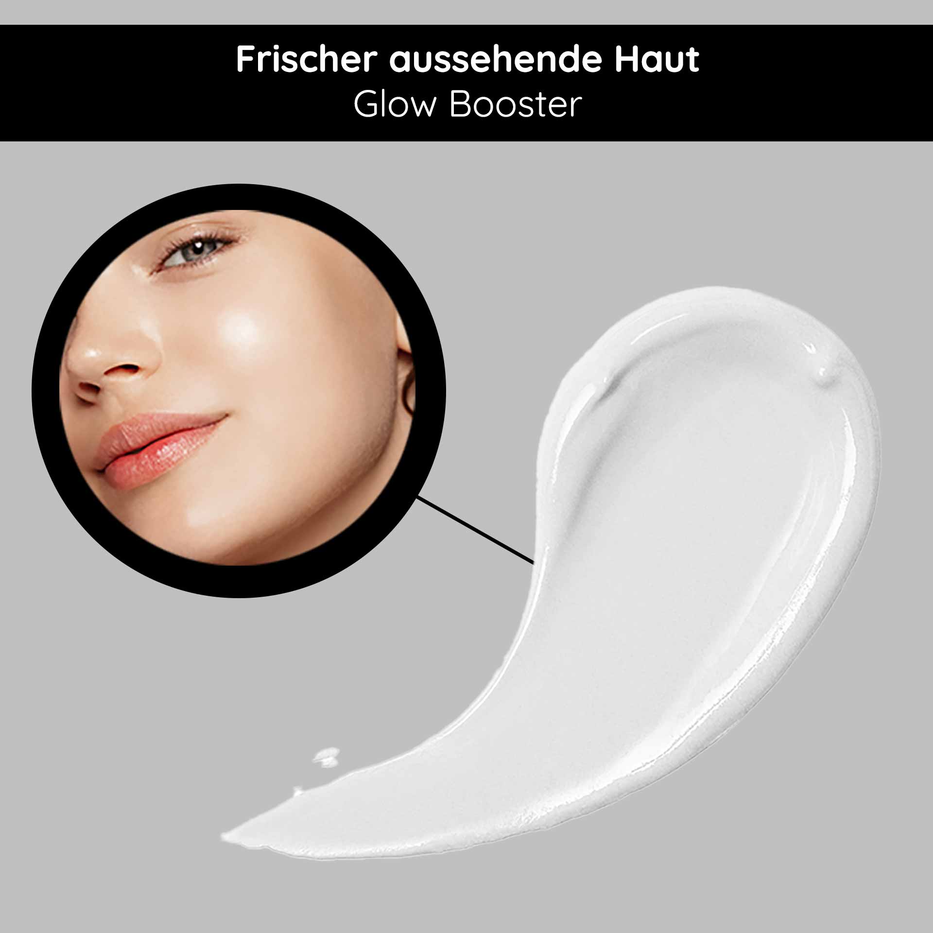 透明质酸面霜 SPF10 50 毫升含紫外线防护成分的面霜 Frischer aussehende Haut mit Glow Booster, abgebildet durch strahlendes Hautbild und Creme-Textur.