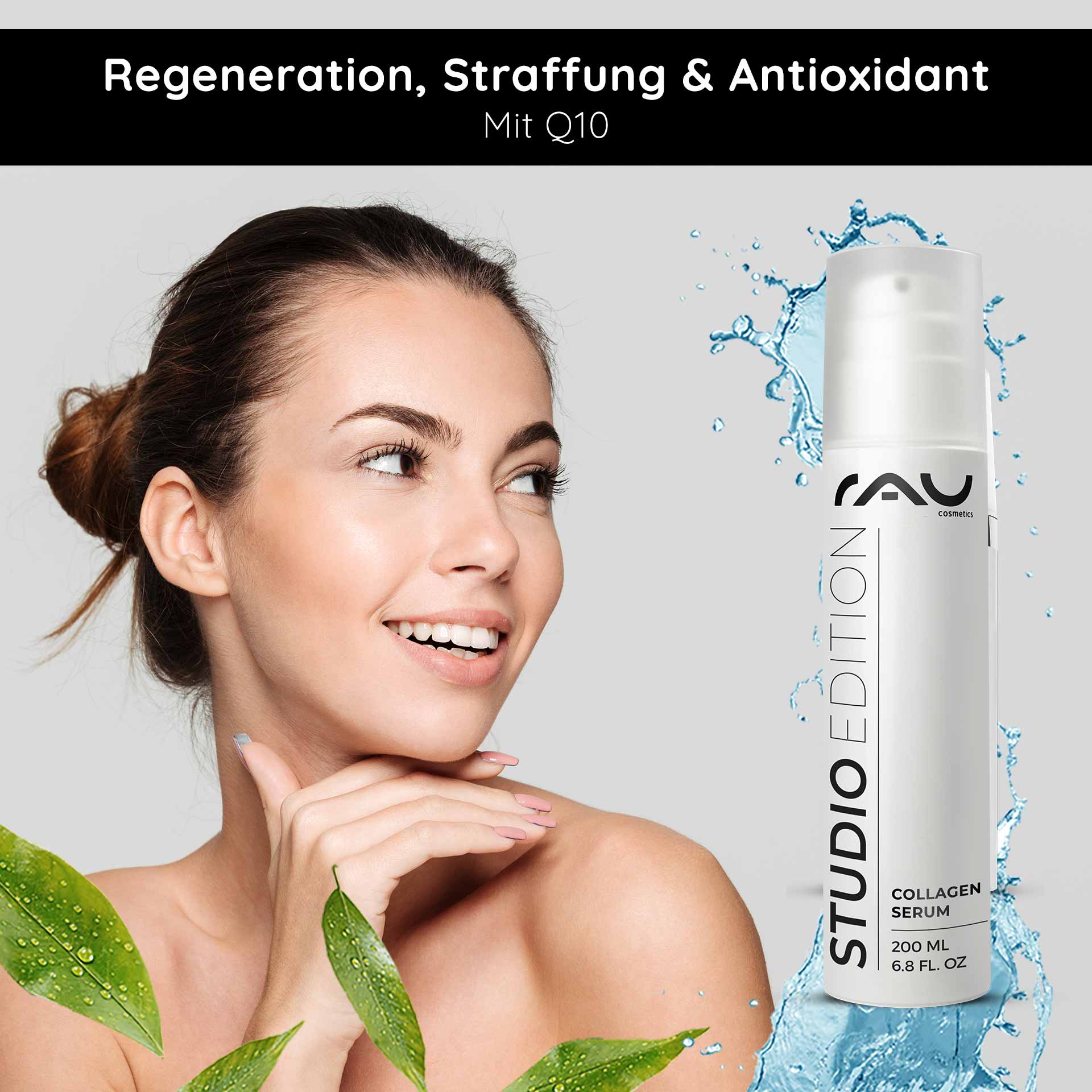 鱼子酱 24 小时面霜 200 毫升 含鱼子酱精华的护肤品 Frau mit strahlendem Gesicht und Collagen-Serum von RAU Cosmetics, umgeben von grünen Blättern und Wassertröpfchen, betont Regeneration, Straffung und antioxidative Eigenschaften mit Q10.
