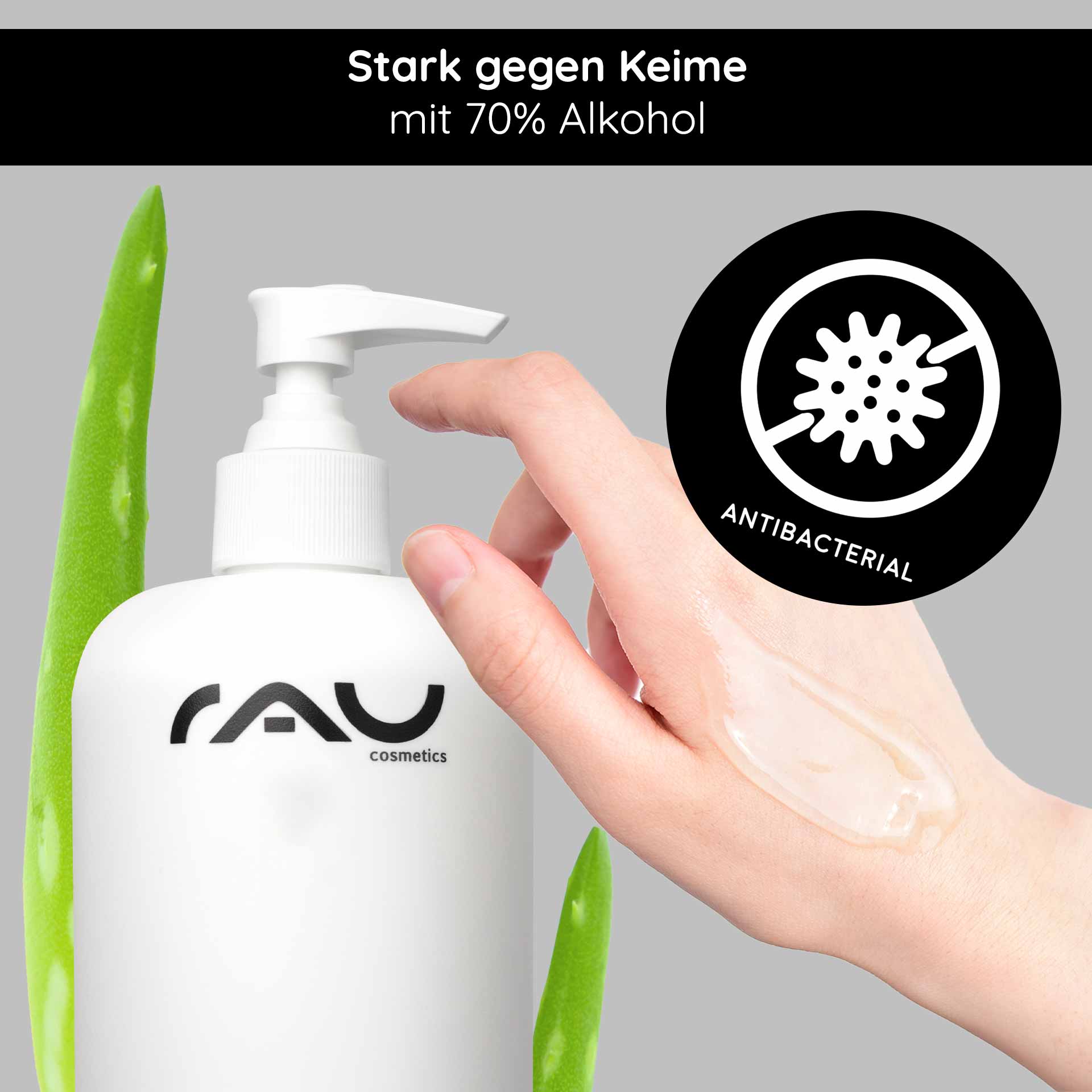 手部护理清洁凝胶 500 毫升 消毒与护理 RAU Hand Care Reinigungsgel mit 70 % Alkohol, Aloe Vera und einer Hand, die das Gel aufträgt, wobei die antibakteriellen Eigenschaften und die Hautpflege im Vordergrund stehen.