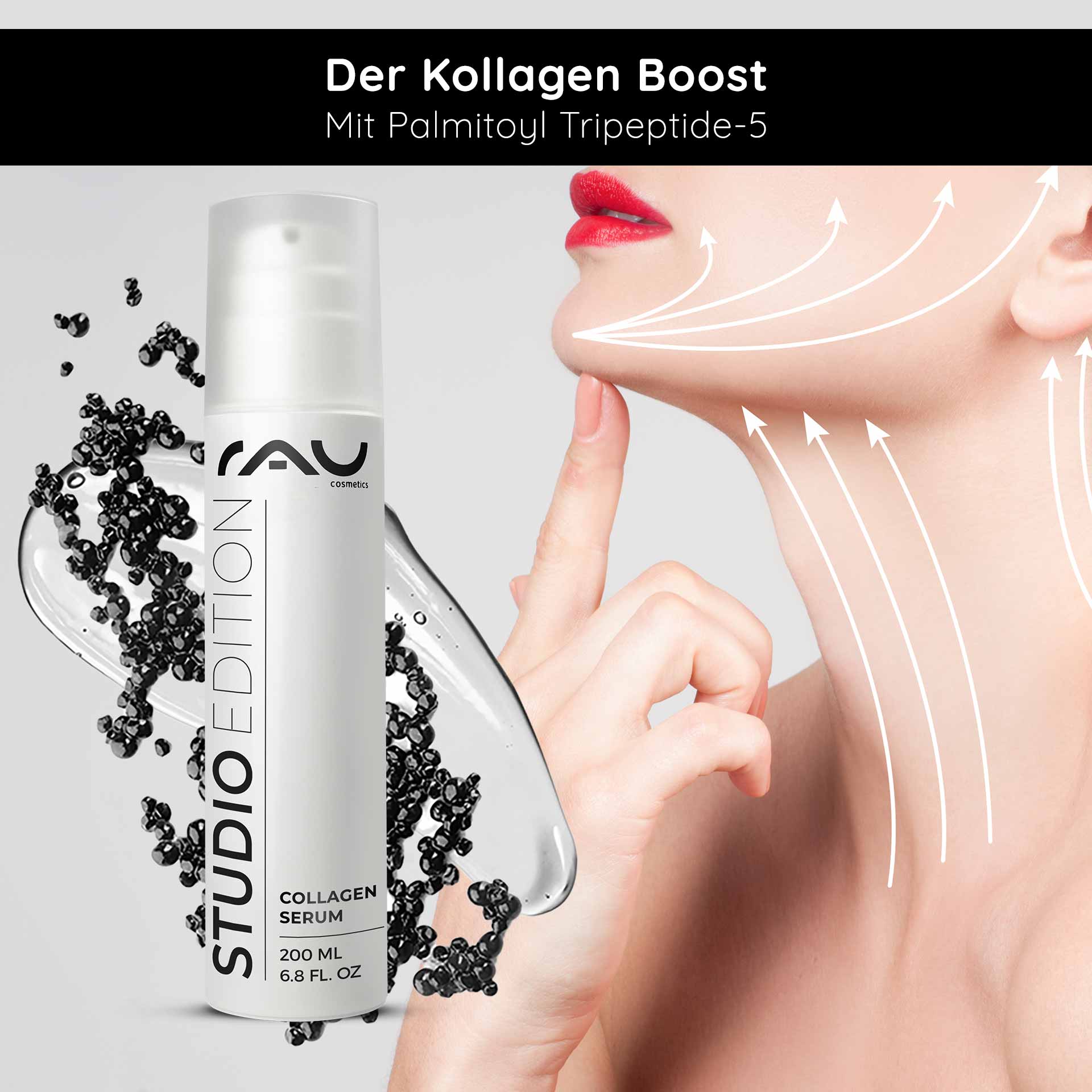 鱼子酱 24 小时面霜 200 毫升 含鱼子酱精华的护肤品 RAU Cosmetics Collagen Serum in einer eleganten Flasche mit Kaviarextrakt, das die Anti-Aging-Wirkung hervorhebt, wird mit Pfeilen auf die Haut aufgetragen, die den Lifting-Effekt anzeigen.
