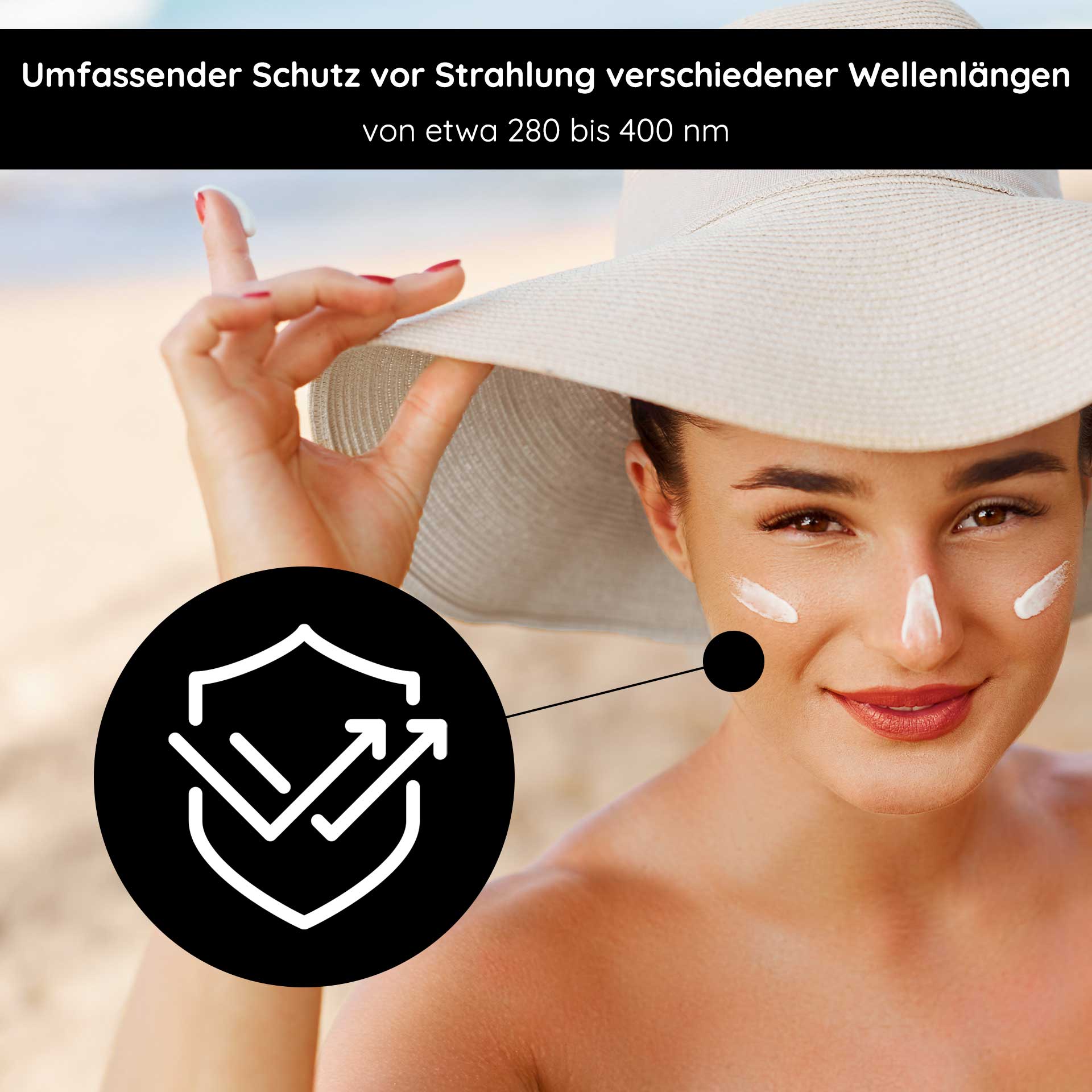 含有机卡兰婕油的防晒霜 SPF 50 75 毫升 - 防晒霜 Frau mit Sonnenhut und Sonnenschutzcreme im Gesicht, betont umfassenden Schutz vor UV-Strahlung, RAU Cosmetics, SPF 50, Hautpflege.