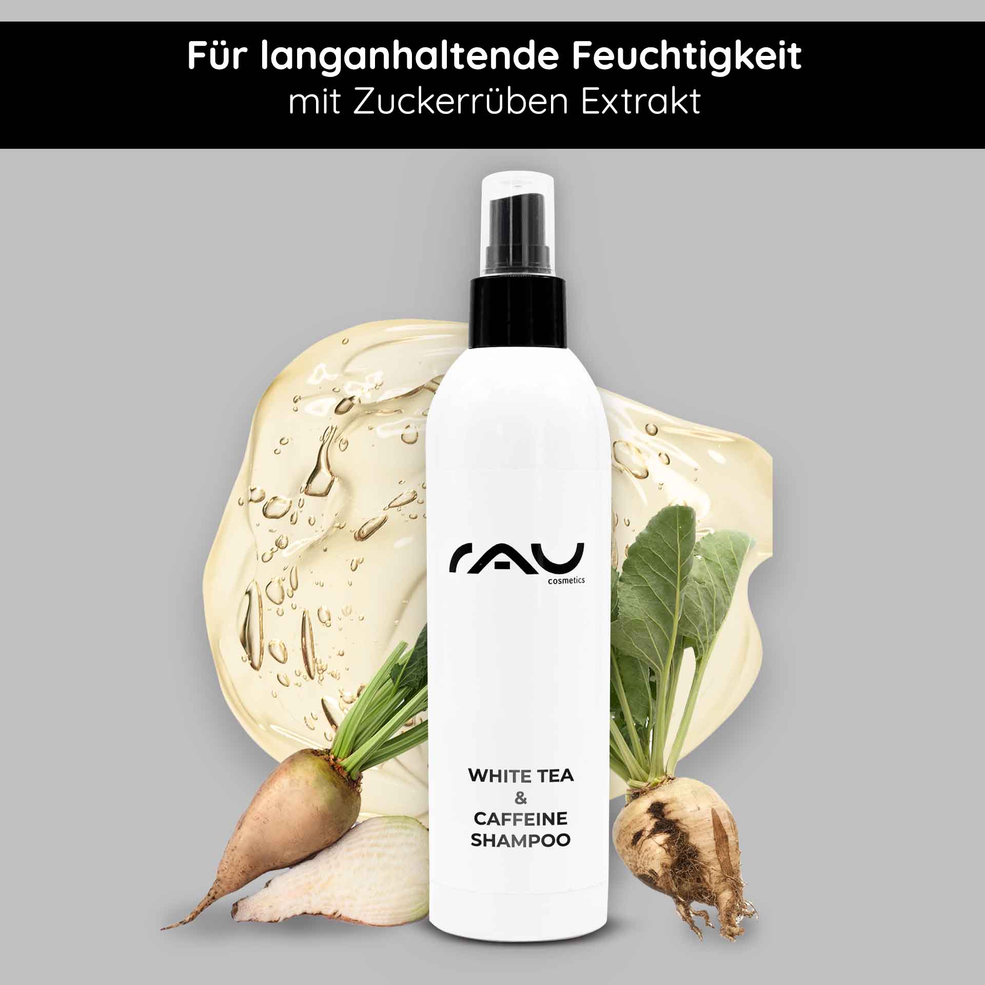 白茶咖啡因洗发水 250 Weißes Teekoffein Shampoo in einer weißen Flasche, umgeben von Zuckerrüben und einem glänzenden Flüssigkeitsakzent, für langanhaltende Feuchtigkeit und sanfte Haarpflege.