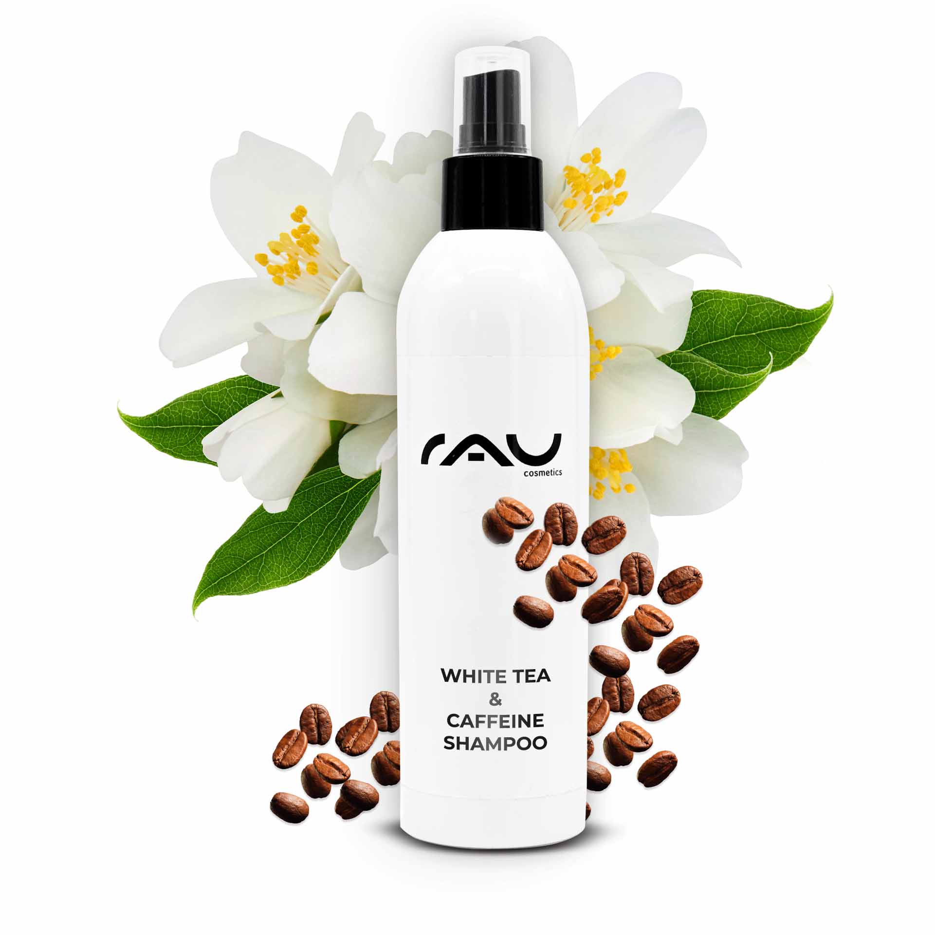 白茶咖啡因洗发水 250 Flasche mit RAU Cosmetics White Tea & Caffeine Shampoo, umgeben von weißen Blüten und Kaffeebohnen, symbolisiert belebende Haarpflege und intensive Feuchtigkeit.