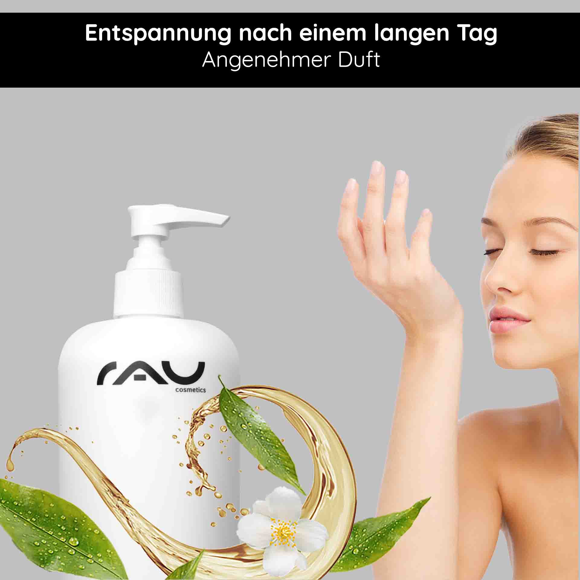 白茶咖啡因洗髮露 500 毫升 RAU Cosmetics White Tea & Caffeine Shampoo – 500 ml Flasche mit Pumpverschluss, umgeben von weißen Blüten und grünen Blättern, die Frische und Pflege symbolisieren.