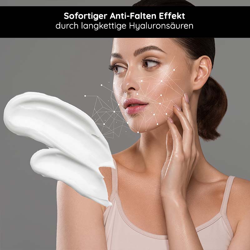 玻尿酸 24 小时面霜 200 毫升,含乳木果油和鳄梨油 Frau mit glatter Haut und Anti-Falten-Creme, betont die Vorteile von langkettigen Hyaluronsäuren für sofortige Hautstraffung und -pflege.