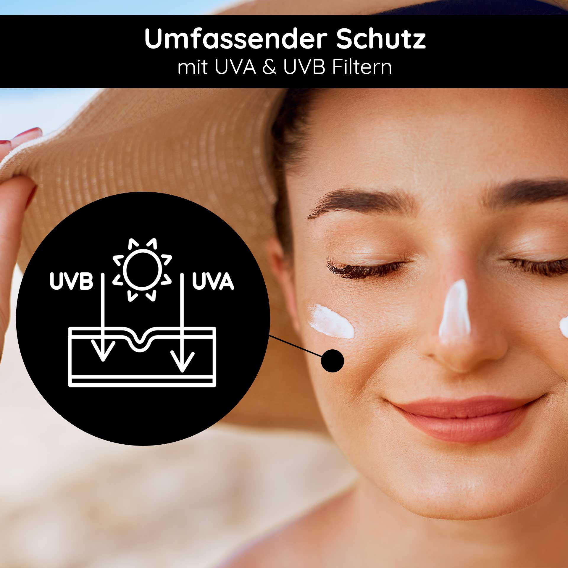 含有机卡兰婕油的防晒霜 SPF 50 75 毫升 - 防晒霜 Frau mit Sonnencreme auf dem Gesicht, trägt einen Sonnenhut, grafische Darstellung von UVA- und UVB-Schutz, betont umfassenden Schutz.