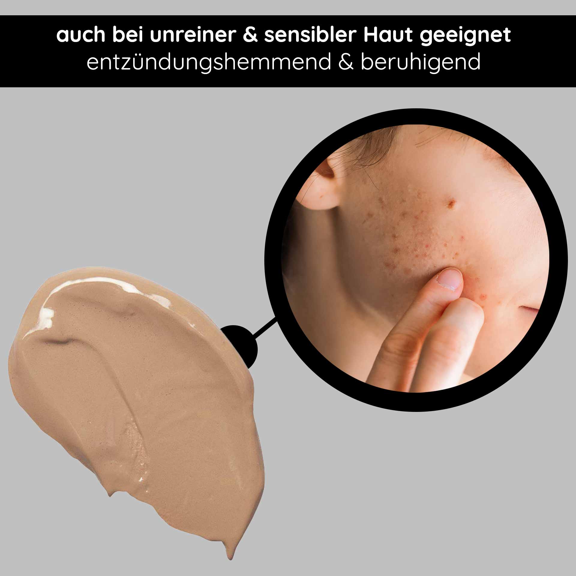 天然完美护理 BB 霜 75 毫升 SPF 12 彩妆与护理 BB-Creme-Muster, geeignet für unreine und empfindliche Haut, mit Betonung der beruhigenden und entzündungshemmenden Eigenschaften und einer Nahaufnahme der Haut mit Unreinheiten.