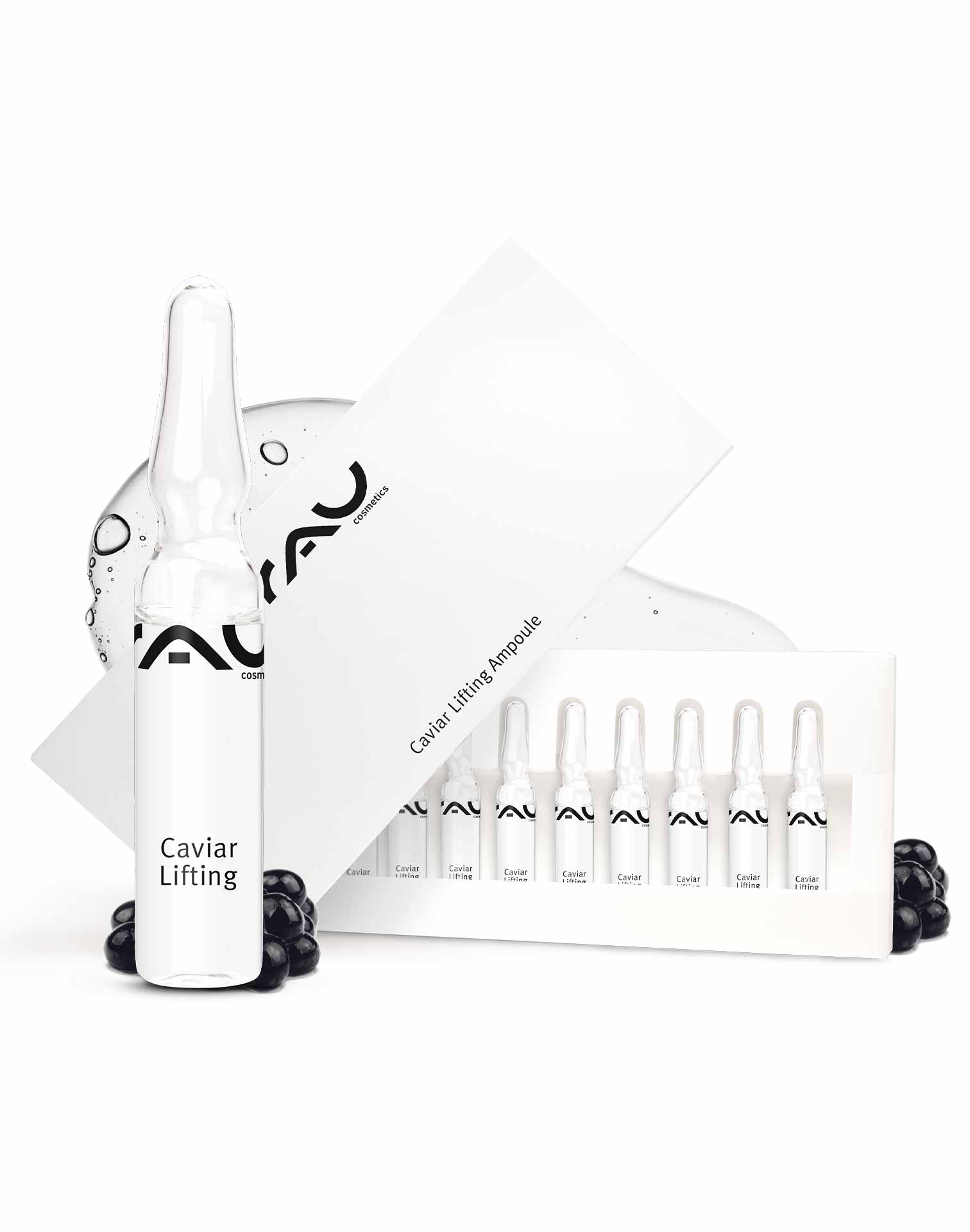 鱼子精华提拉安瓶 10x2 毫升 抗衰老与修复 Caviar Lifting Ampullen von RAU Cosmetics, 10x2 ml, Anti-Aging Serum mit Kaviarextrakt, verpackt in einer eleganten Box, umgeben von Kaviarperlen, für straffere und revitalisierte Haut.