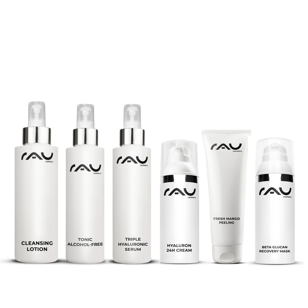 干性皮肤专业护理程序 RAU Cosmetics Hautpflegeset mit Reinigungslotion, alkoholfreiem Tonic, dreifachem Hyaluronserum, Hyaluron 24H-Creme, Fresh Mango Peeling und Beta Glucan Recovery Mask, entwickelt für die Pflegeroutine trockener Haut.