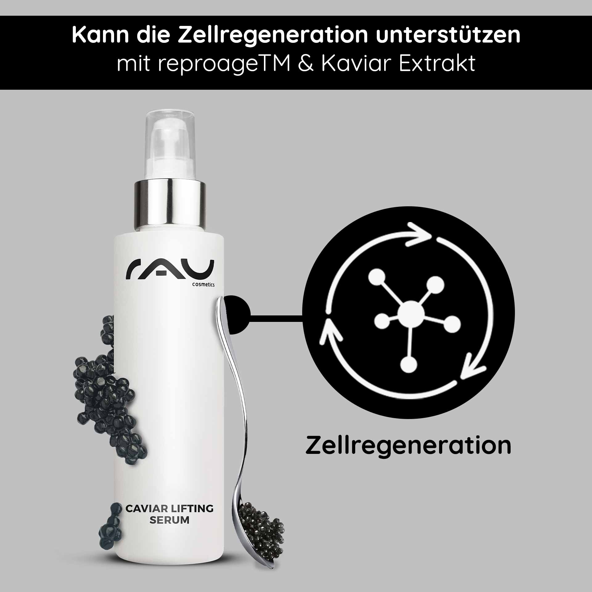 鱼子精华提拉精华液 100 毫升,含 Reproage 和鱼子精华 Caviar Lifting Serum von RAU Cosmetics mit Kaviarextrakt und reproageTM, fördert die Zellregeneration, präsentiert in eleganter Flasche mit Applikator.