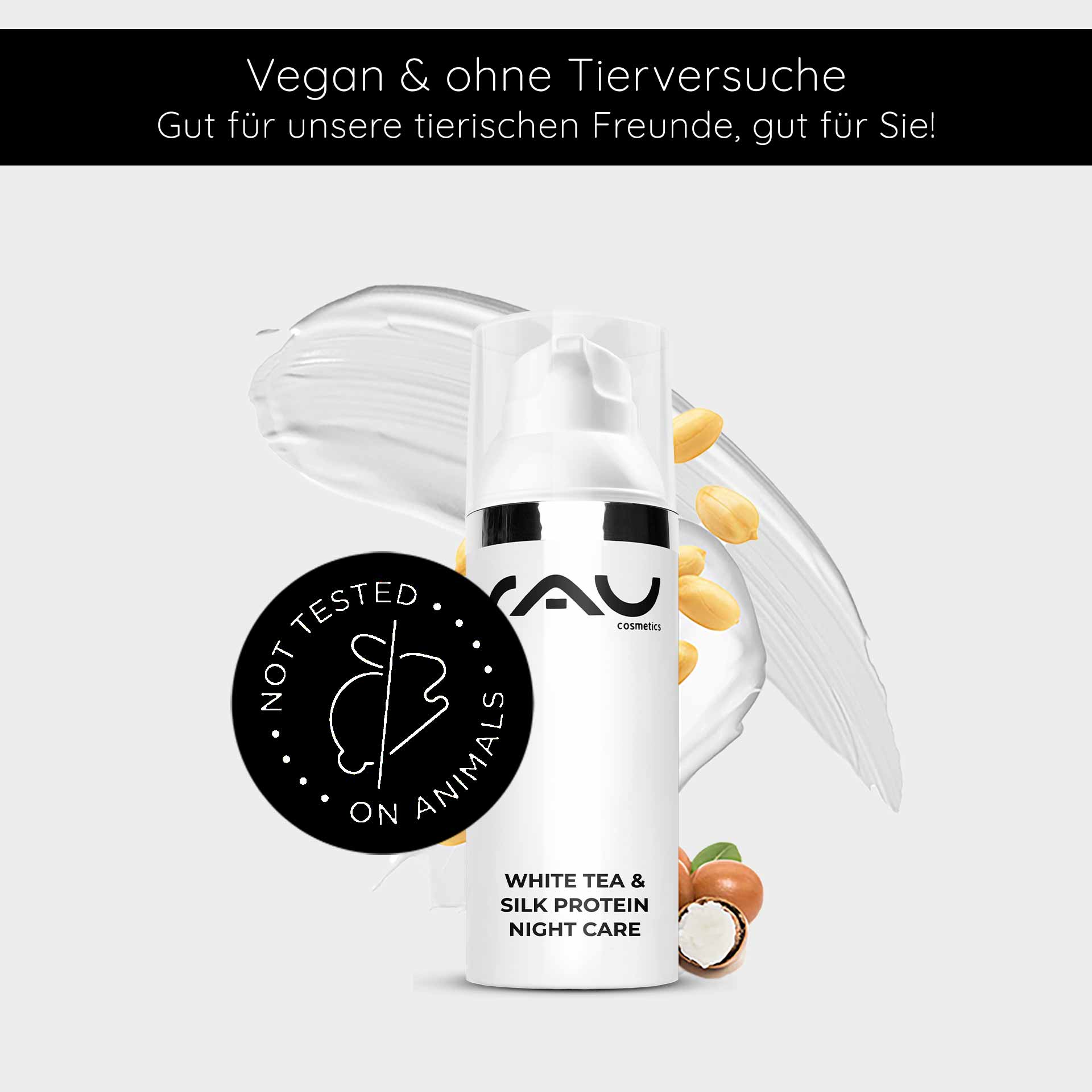 白茶与蚕丝蛋白晚间护理 50 毫升晚霜 RAU Cosmetics White Tea & Silk Protein Nachtpflegecreme in einer eleganten Flasche mit dem Logo „Nicht an Tieren getestet“ und einem Hintergrund aus cremiger Textur und Nüssen, der die vegane Hautpflege für die Feuchtigkeitsversorgung und Regeneration im