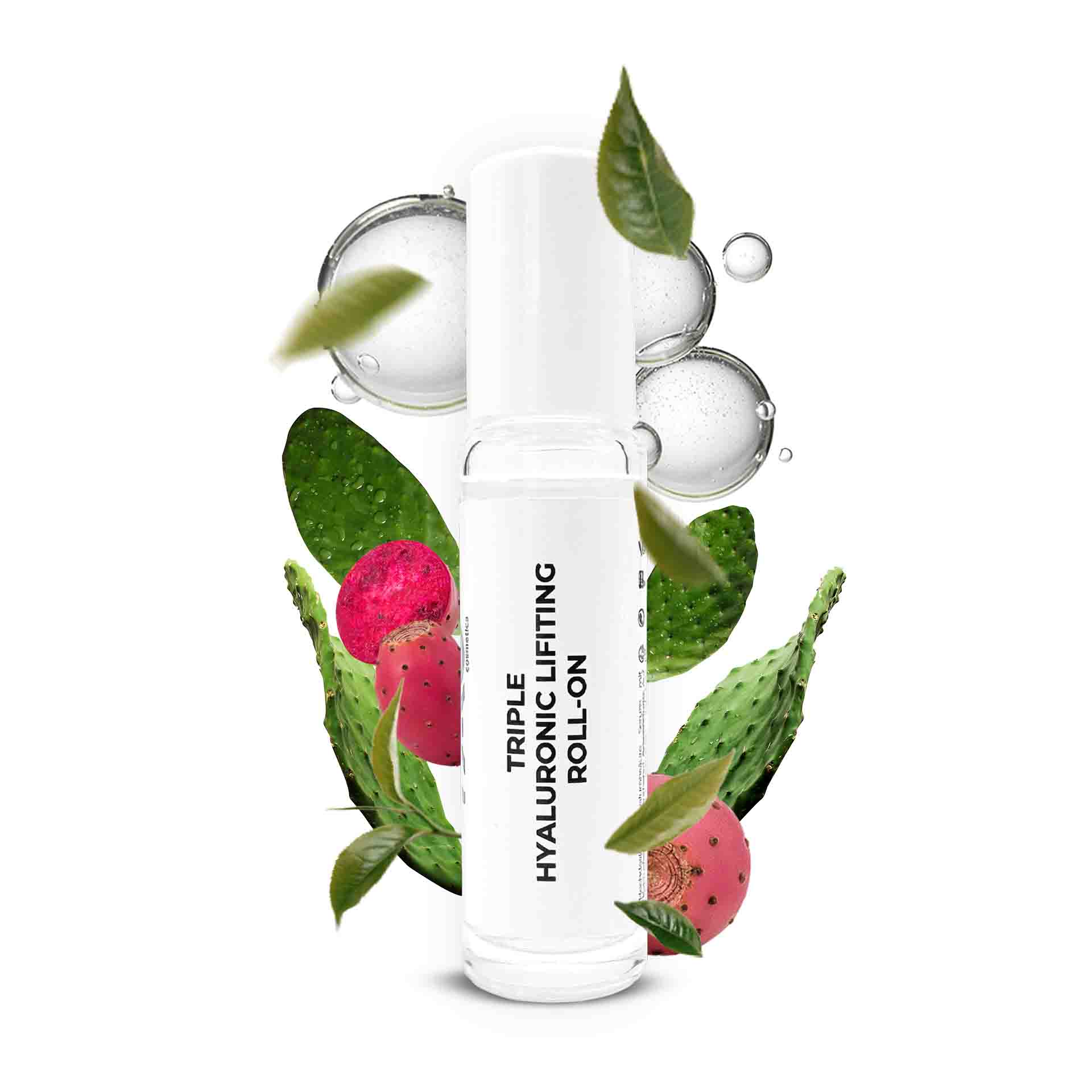 Triple Hyaluronic Serum Roll-On 10 ml 含三種透明質酸 Dreifach-Hyaluron-Lifting-Roll-On-Serum mit Kaktusextrakt und drei Hyaluronsäurearten, umgeben von grünen Blättern und rosa Kaktusfrüchten, für tiefe Feuchtigkeitsversorgung und Anti-Aging-Vorteile.