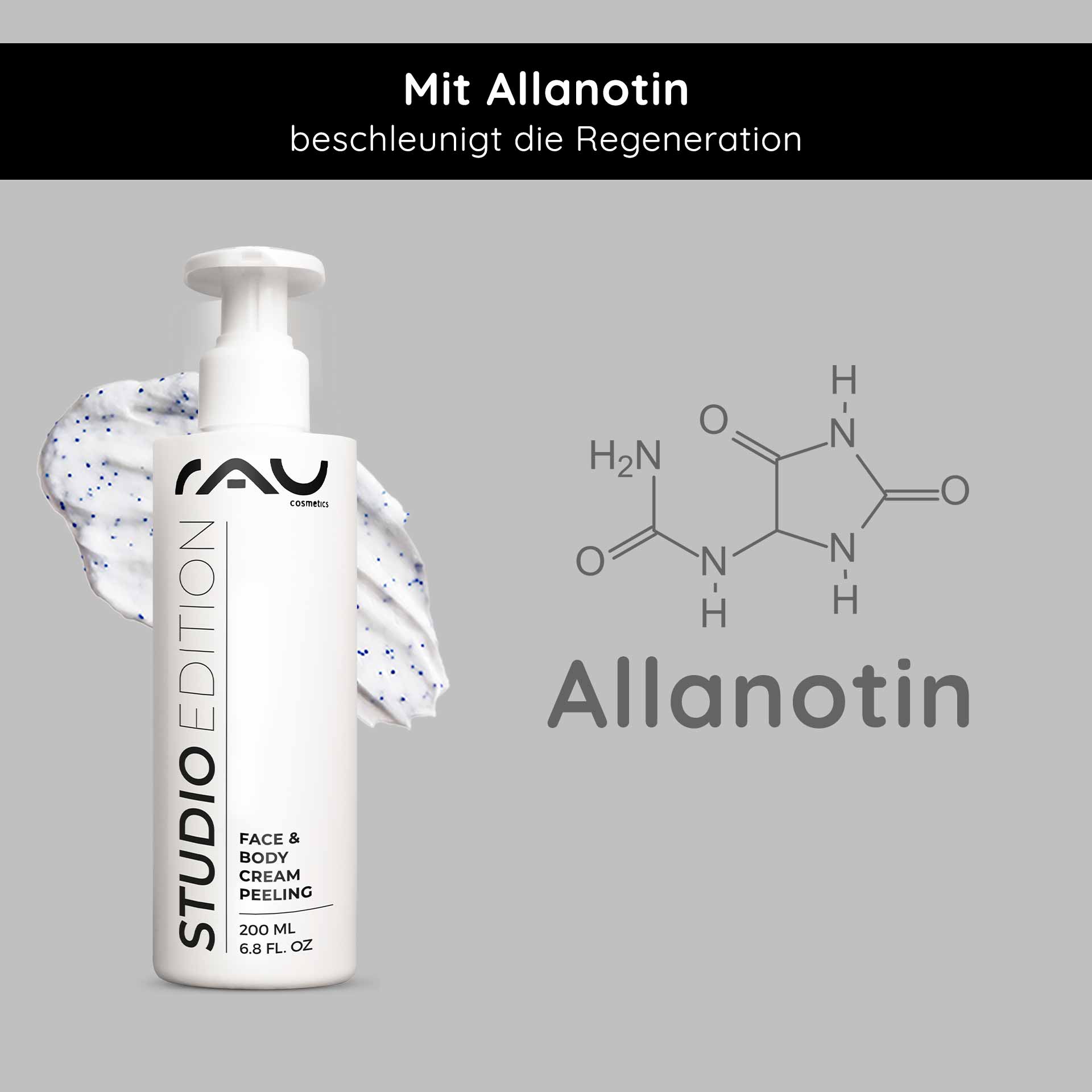 面部和身体去角质霜 200 毫升 机械去角质 RAU Cosmetics Face & Body Cream Peeling-Flasche mit cremiger Textur, mit Allantoin zur Hautregeneration, vor hellgrauem Hintergrund.