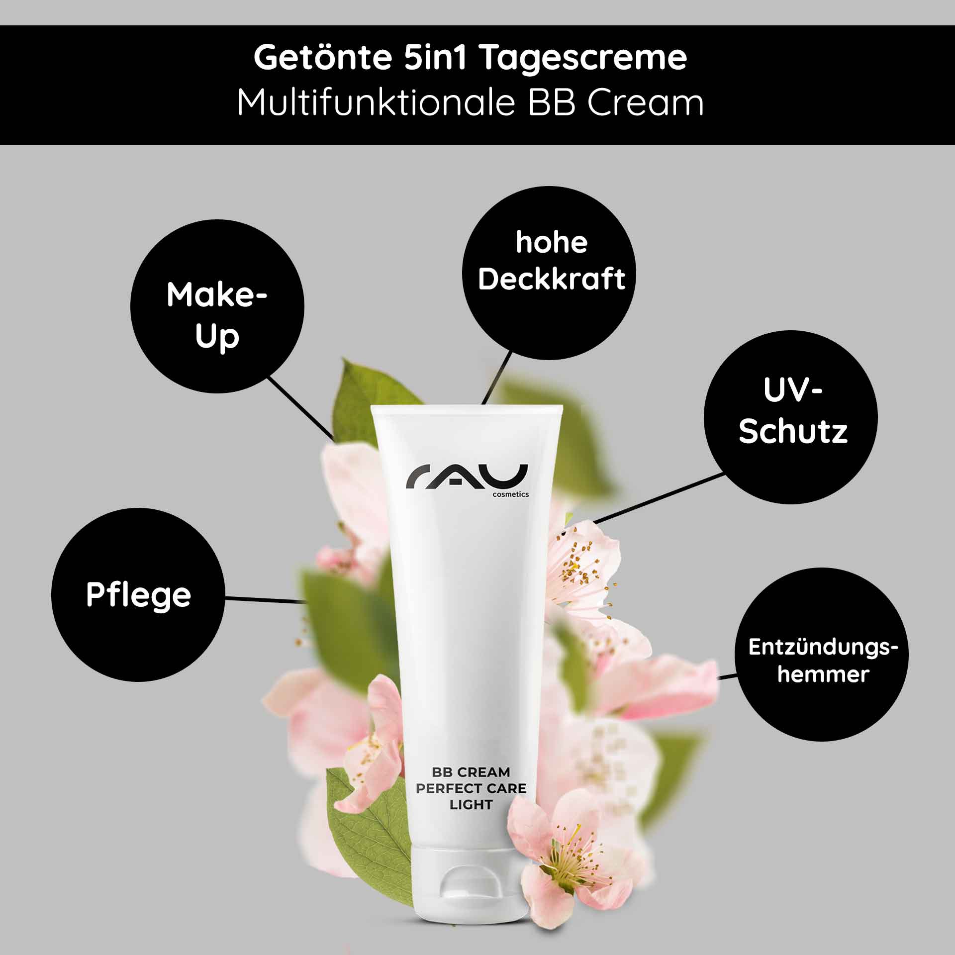 完美护理轻透 BB 霜 75 毫升 SPF12 彩妆与护肤 RAU BB Cream Perfect Care Leichte Tube mit floralem Hintergrund, die multifunktionale Vorteile hervorhebt: hohe Deckkraft, UV-Schutz, Hautpflege und entzündungshemmende Eigenschaften.