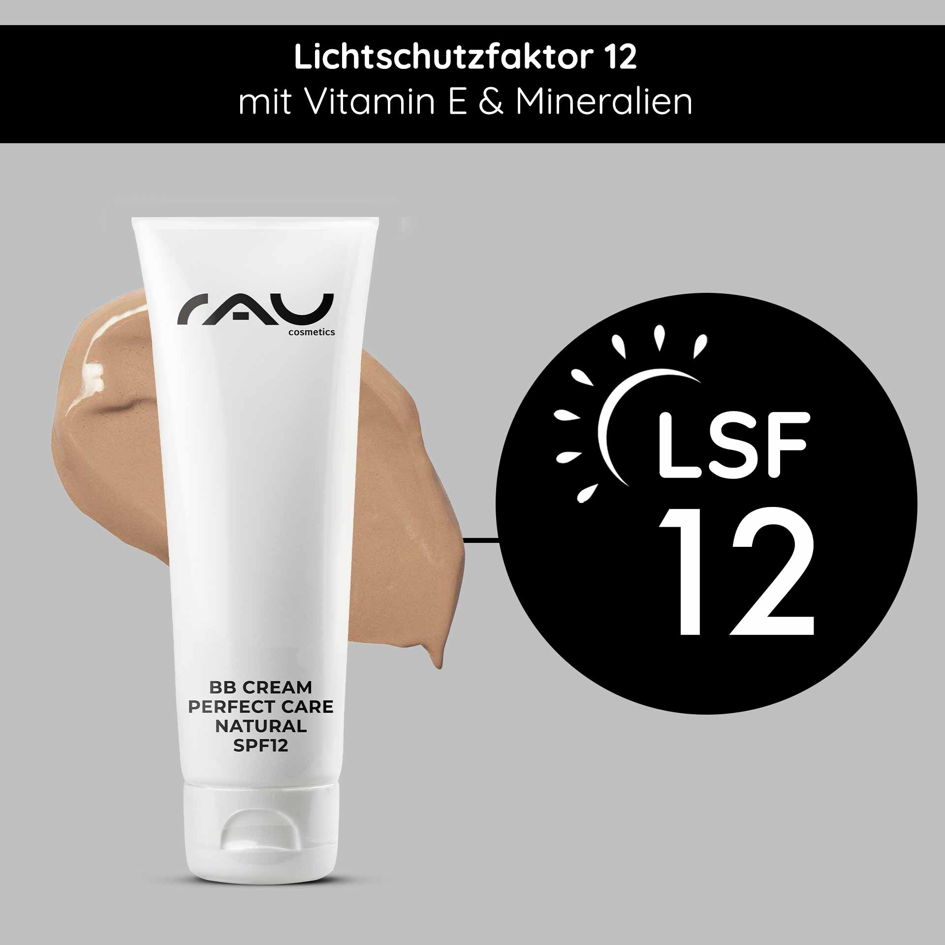 天然完美护理 BB 霜 75 毫升 SPF 12 彩妆与护理 RAU Cosmetics BB Cream Perfect Care Natürliche Verpackung mit LSF 12, mit einem Crememuster, das die Vorteile für Hautpflege und Make-up hervorhebt.