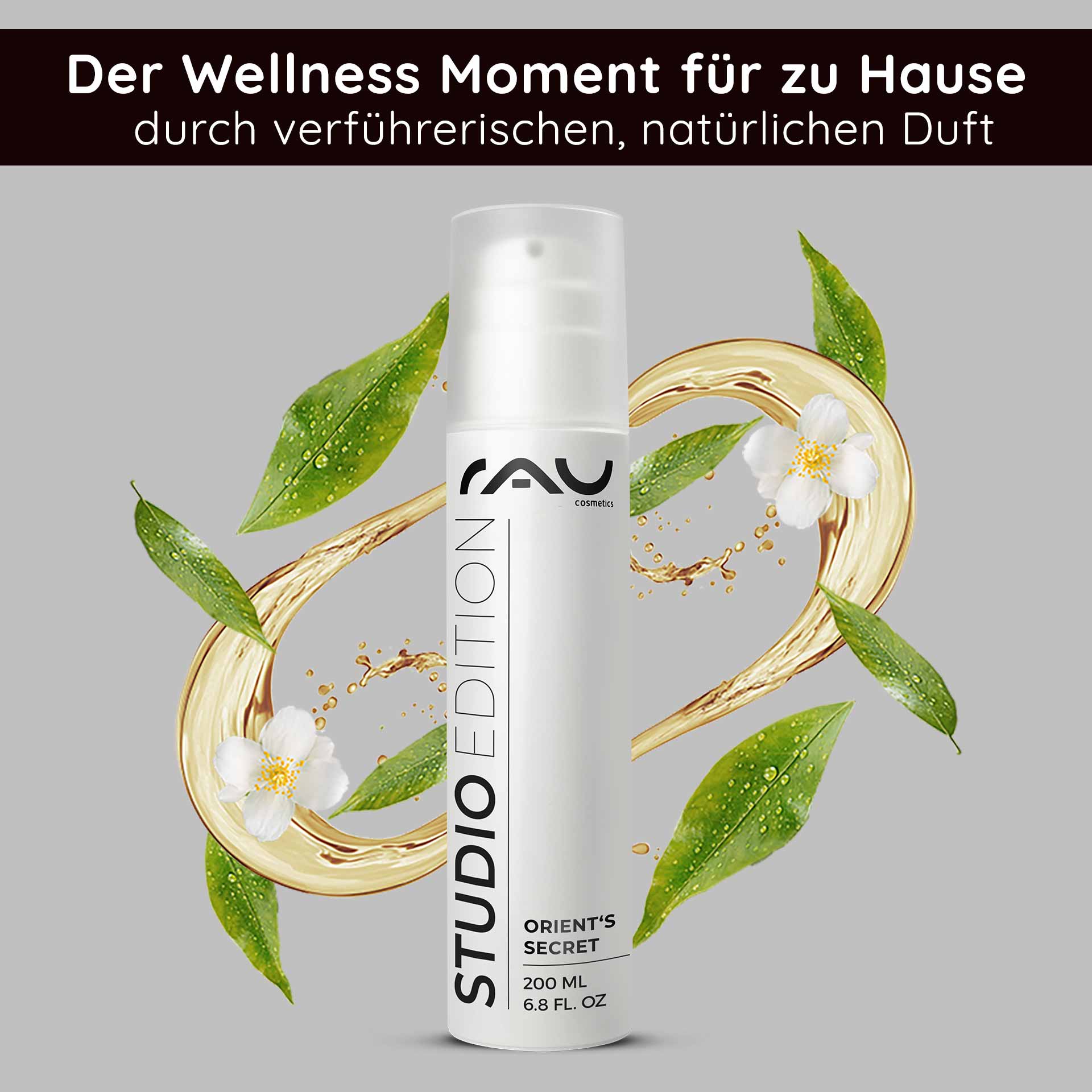 东方的秘密 200 毫升含紫水晶粉末 Gesichtscreme Orient's Secret von RAU Cosmetics in 200 ml, umgeben von natürlichen Zutaten wie Blüten und Blättern, betont die pflegenden Eigenschaften und den frischen Duft.
