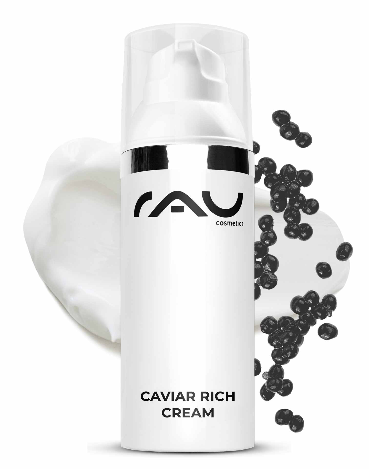鱼子精华面霜 50 毫升 丰润的抗衰老面霜 Verpackung der RAU Cosmetics Caviar Rich Cream mit Kaviarperlen und Cremetextur, die Anti-Aging-Eigenschaften für trockene und reife Haut hervorhebt.