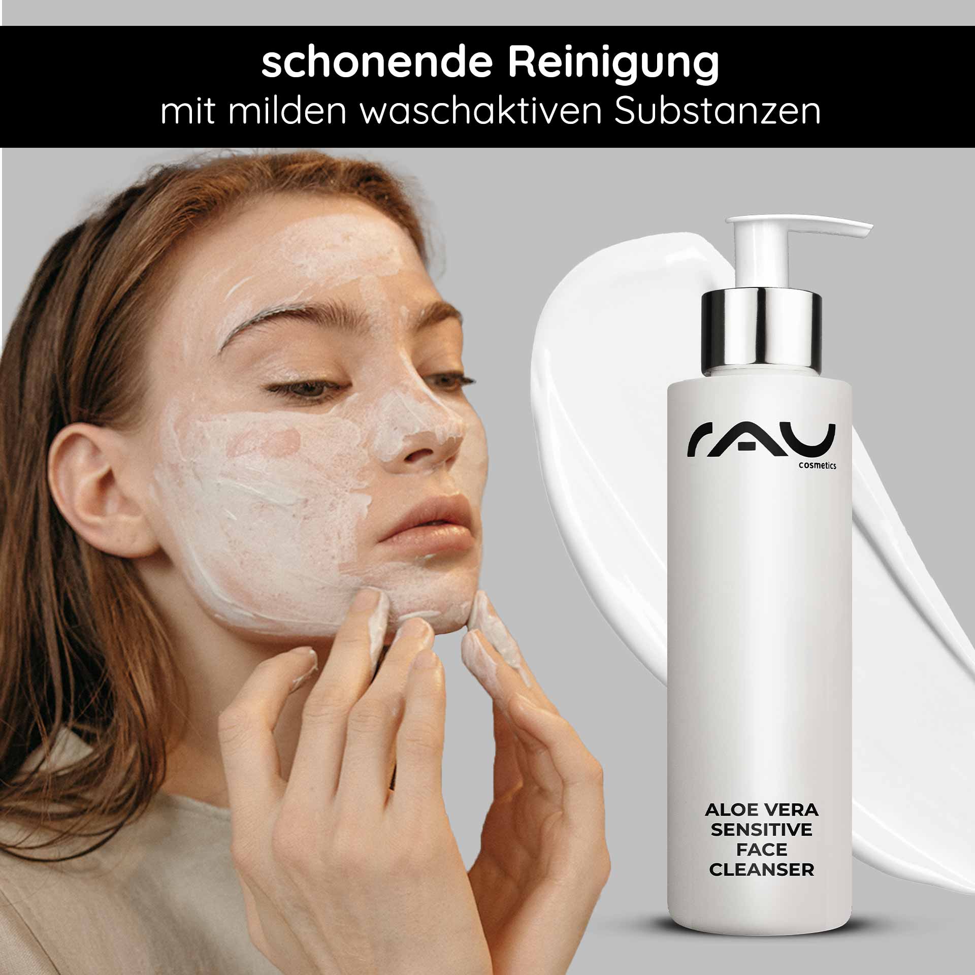芦荟敏感洁面乳 200 毫升 洁面乳 Frau mit Gesichtsmaske und Aloe Vera Sensitive Face Cleanser von RAU Cosmetics, sanfte Reinigung für empfindliche Haut, milde waschaktive Substanzen.